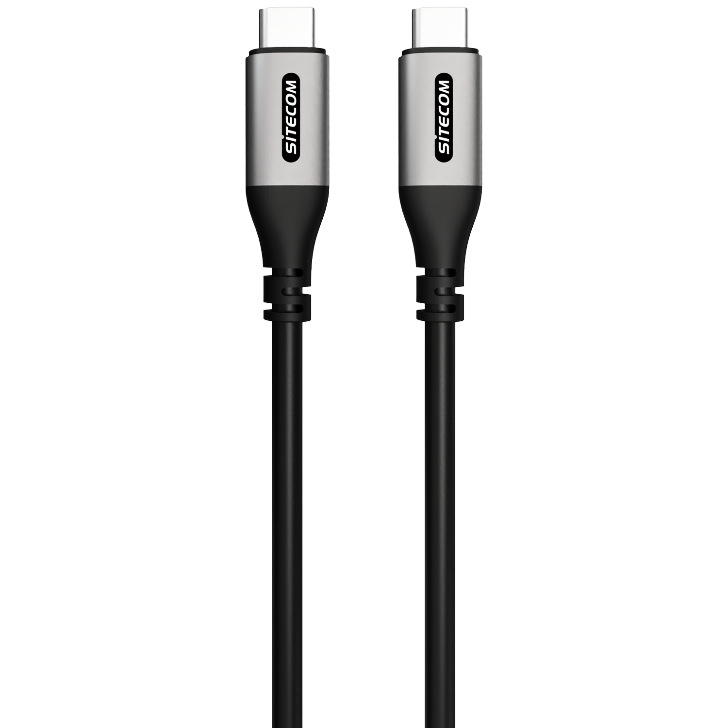 Twee zwarte USB-C kabels met zilveren connectoren met het Sitecom logo.