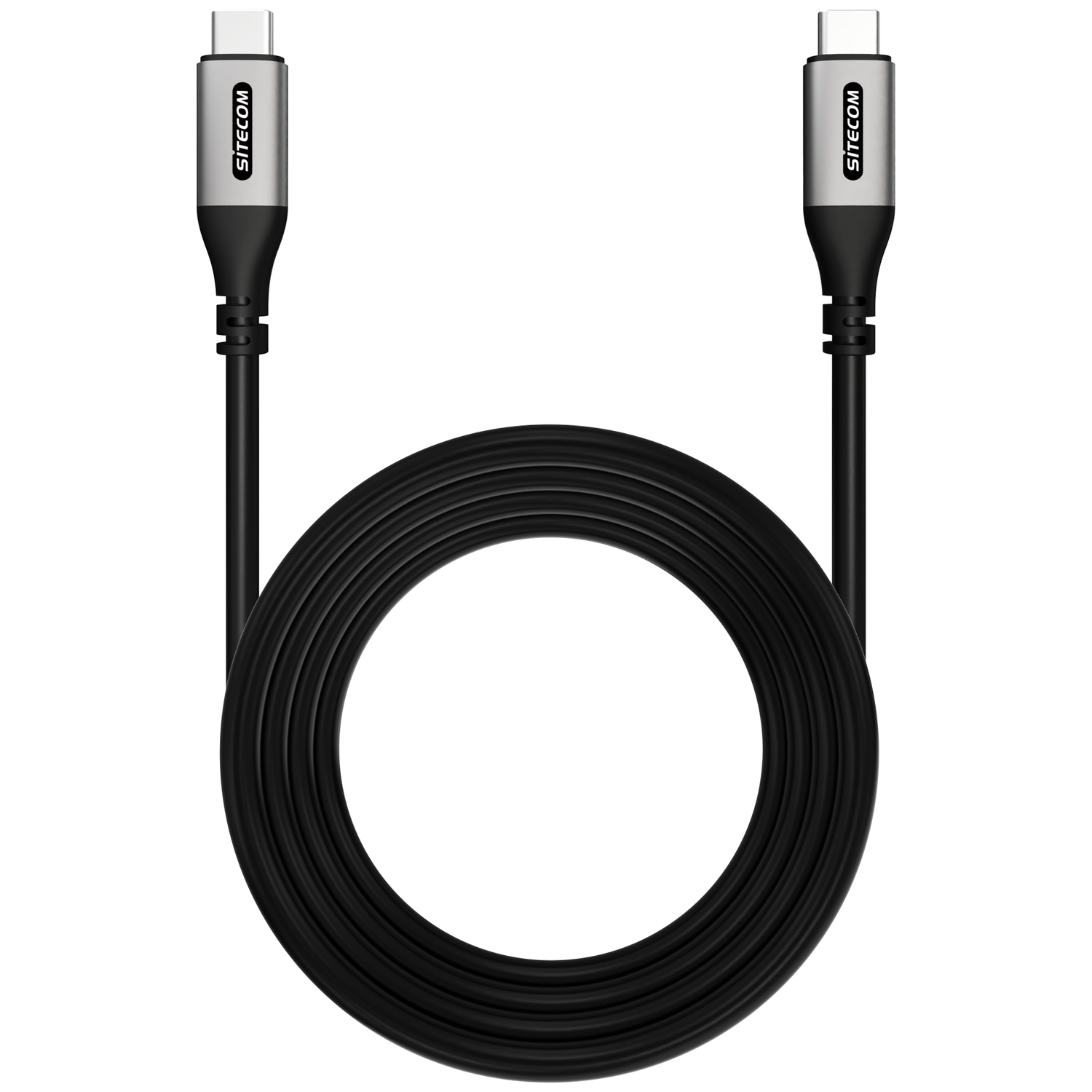 Een zwarte USB-C kabel met zilveren connectoren, met SITECOM logo.