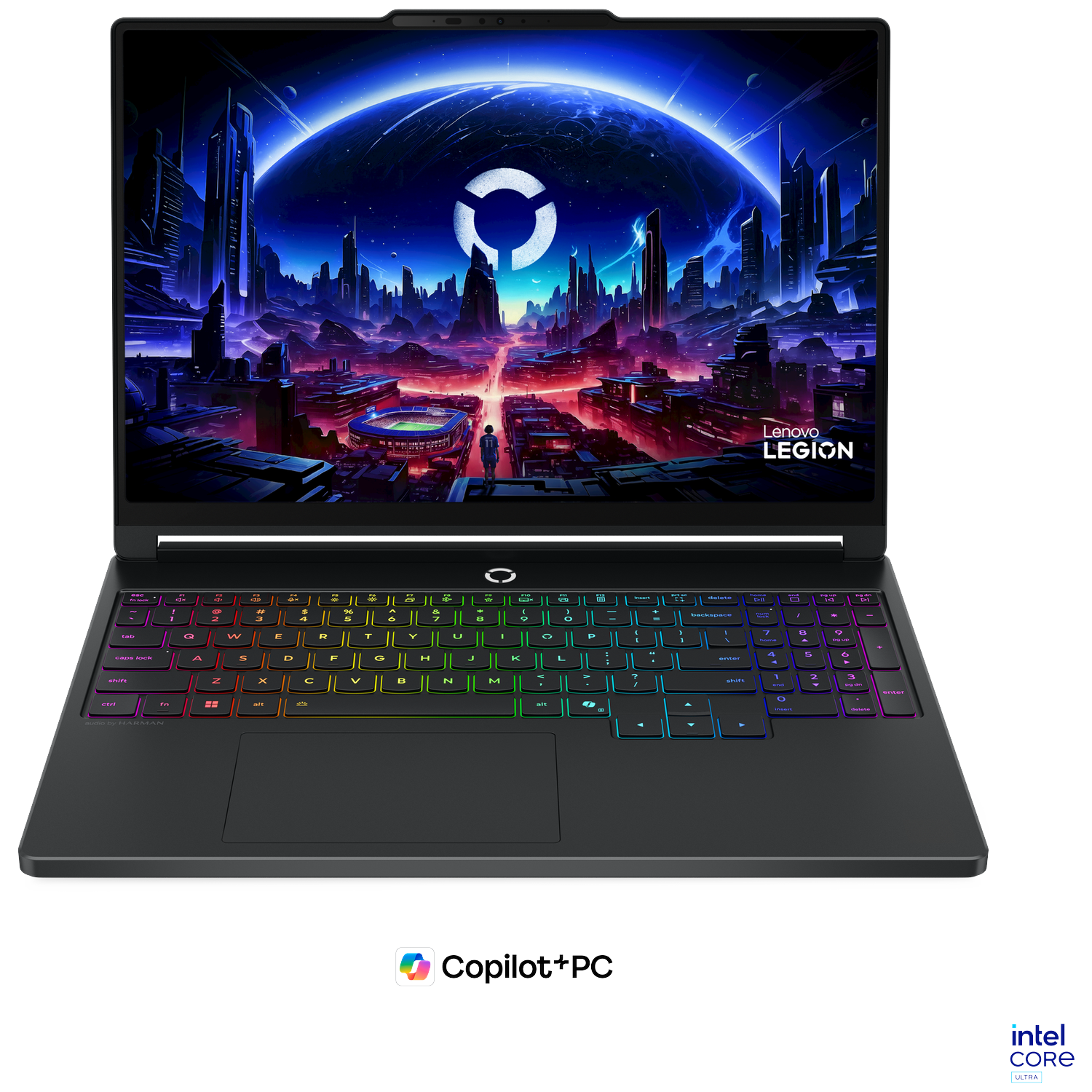 A laptop with a backlit keyboard and a futuristic wallpaper.