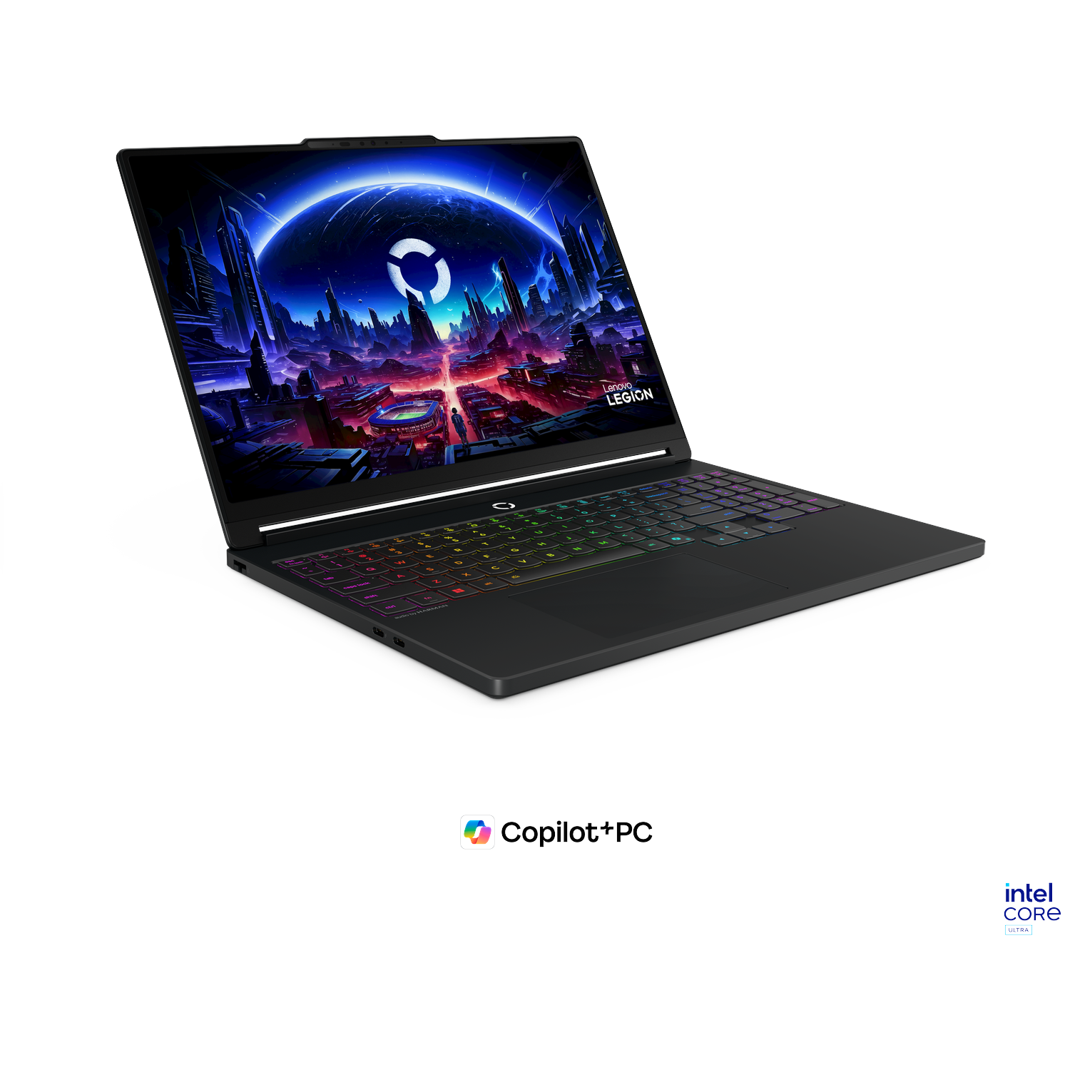 An open laptop with a futuristic wallpaper and backlit keyboard.