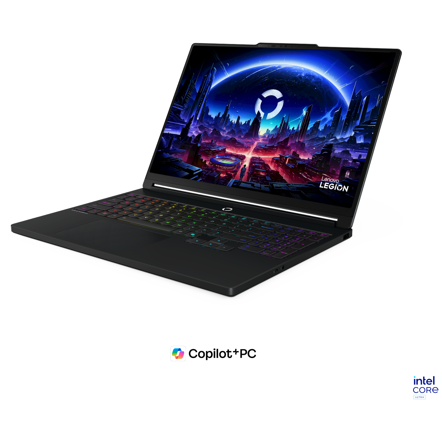 Black laptop with illuminated keyboard and futuristic city scene on screen.