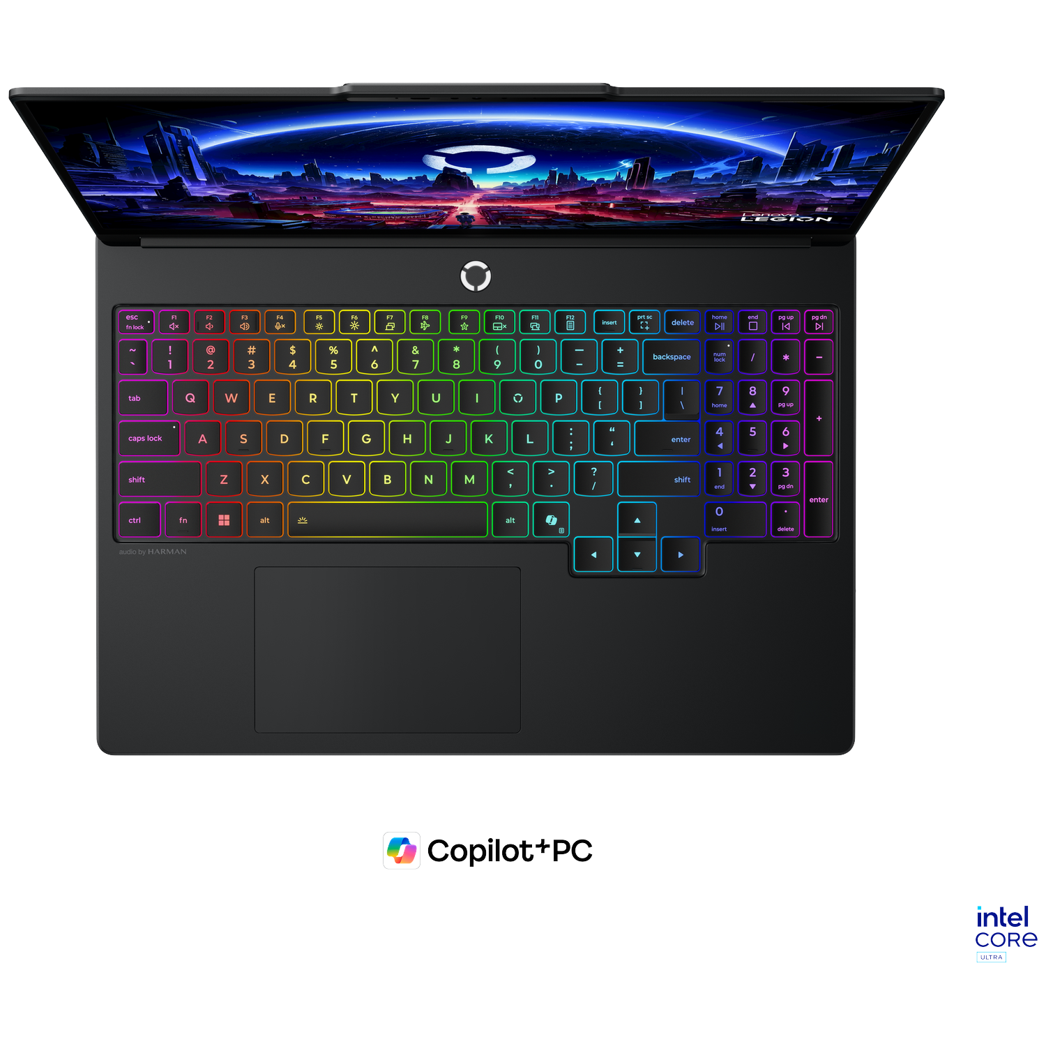 A black laptop with a keyboard featuring colorful RGB lighting.