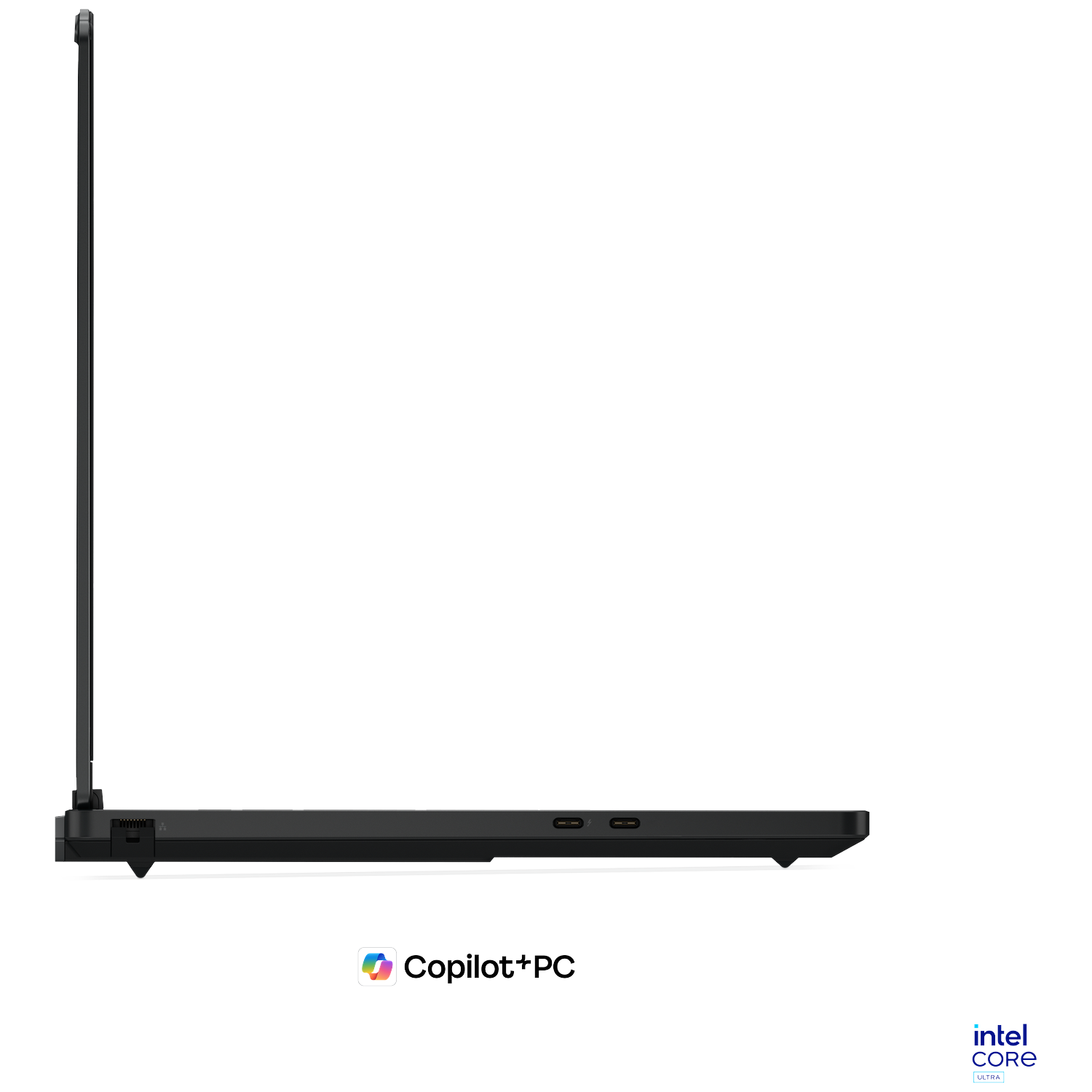Black laptop side view. Features ports and the Copilot+PC and Intel Core Ultra logos.