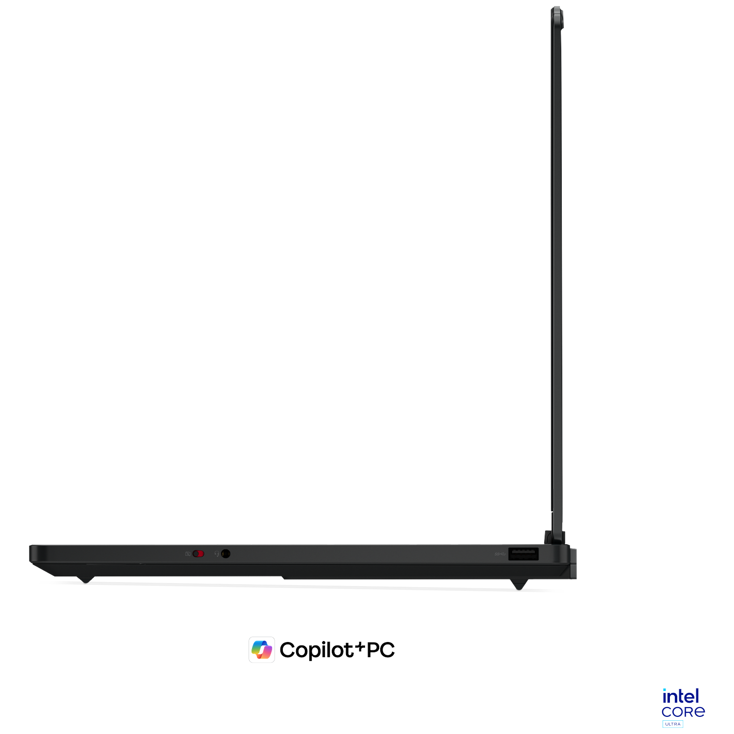 Black laptop in profile showing USB port and Intel Core Ultra logo.