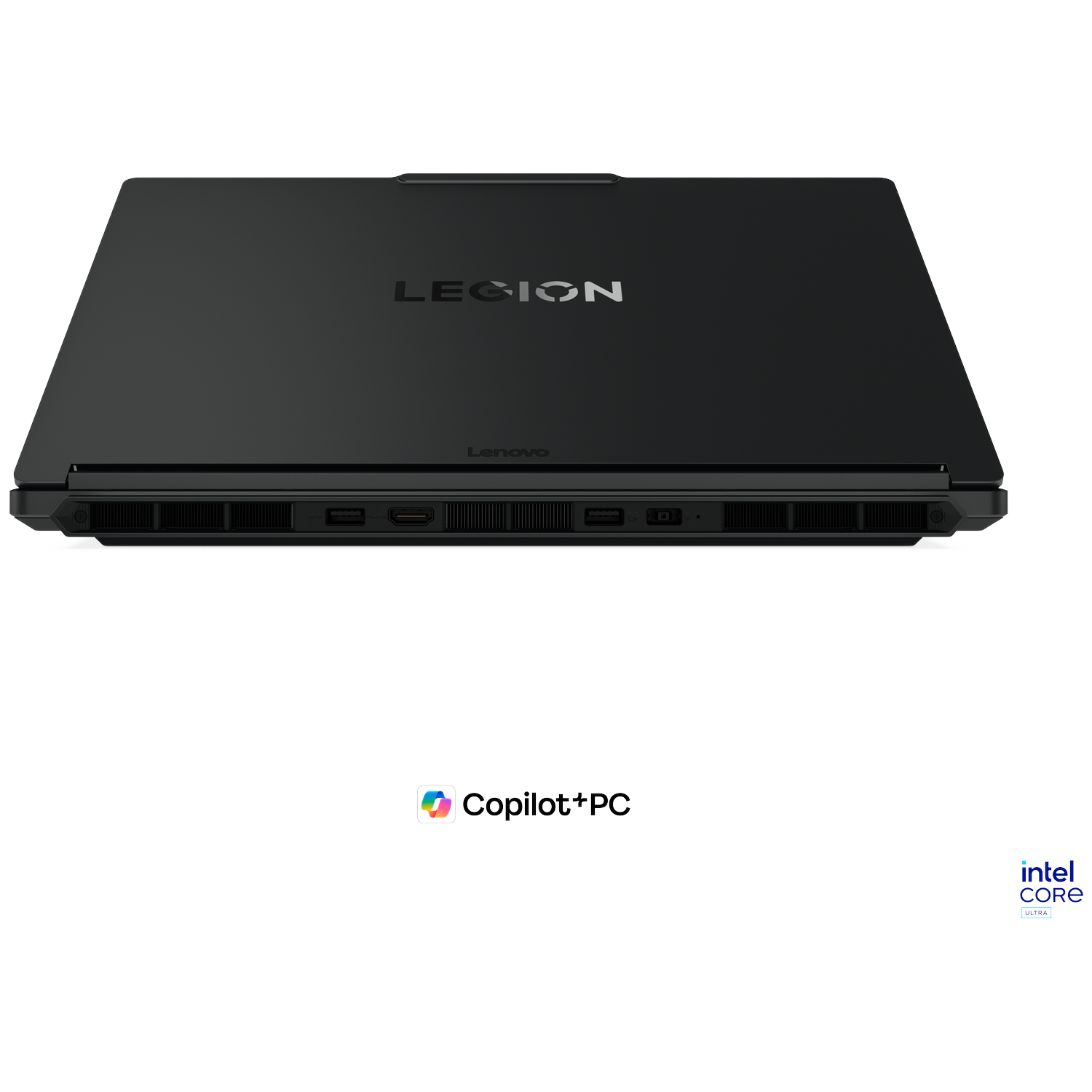 Black Lenovo Legion laptop with Intel Core Ultra and Copilot+PC logo.