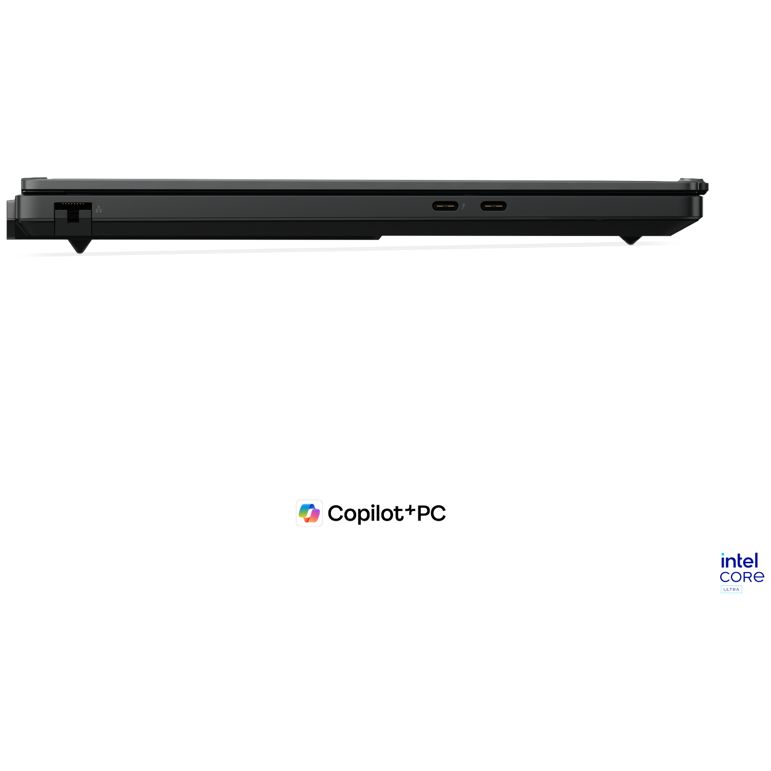 Black laptop side view with two USB-C ports. Copilot+PC and Intel Core Ultra logos.
