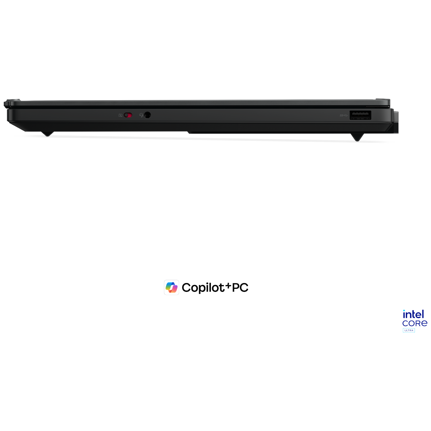 Black laptop side view showing ports: USB, headphone jack. Copilot+ PC and Intel Core Ultra.