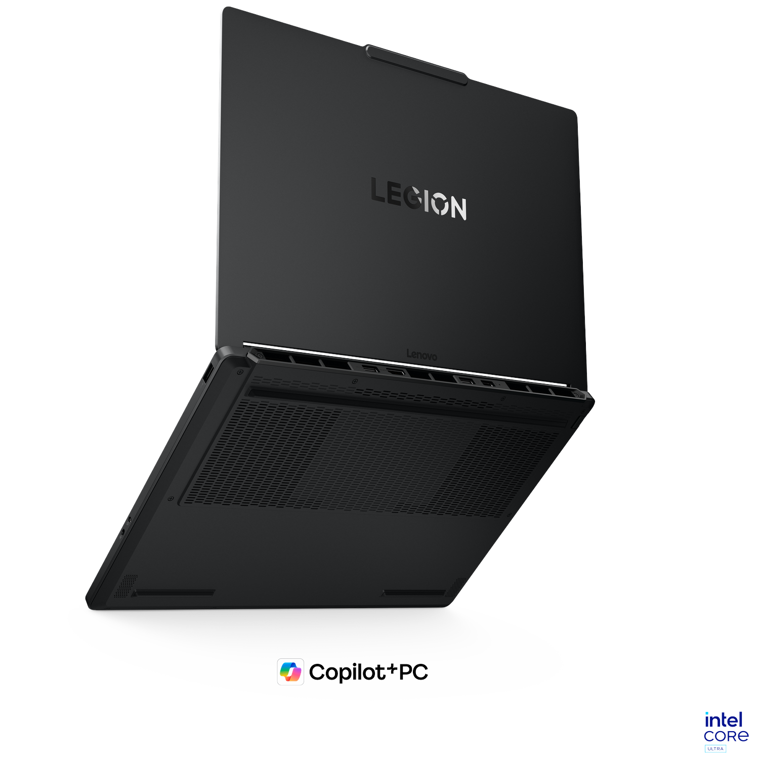 Black laptop with "LEGION" logo, on a white background.