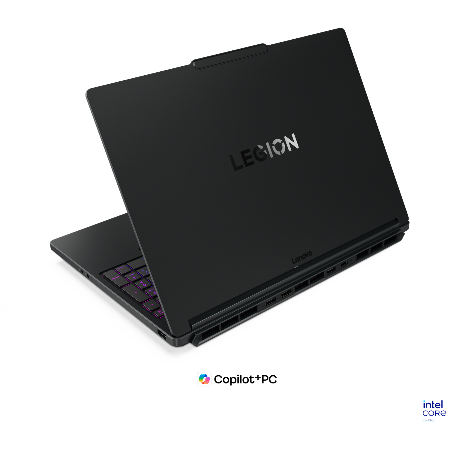 Black laptop with illuminated keyboard, Legion logo, and ports.