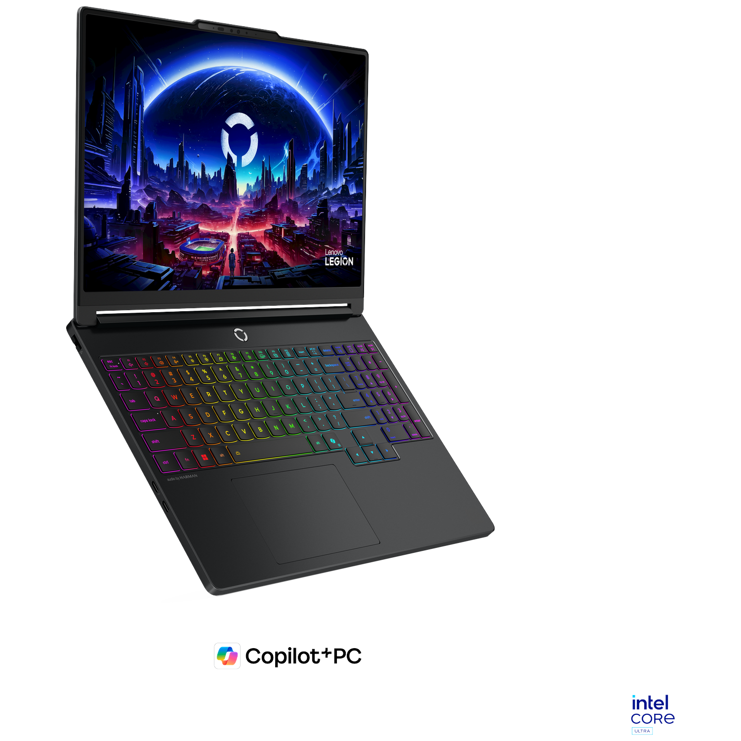 A black laptop with a colorful illuminated keyboard and a futuristic wallpaper.