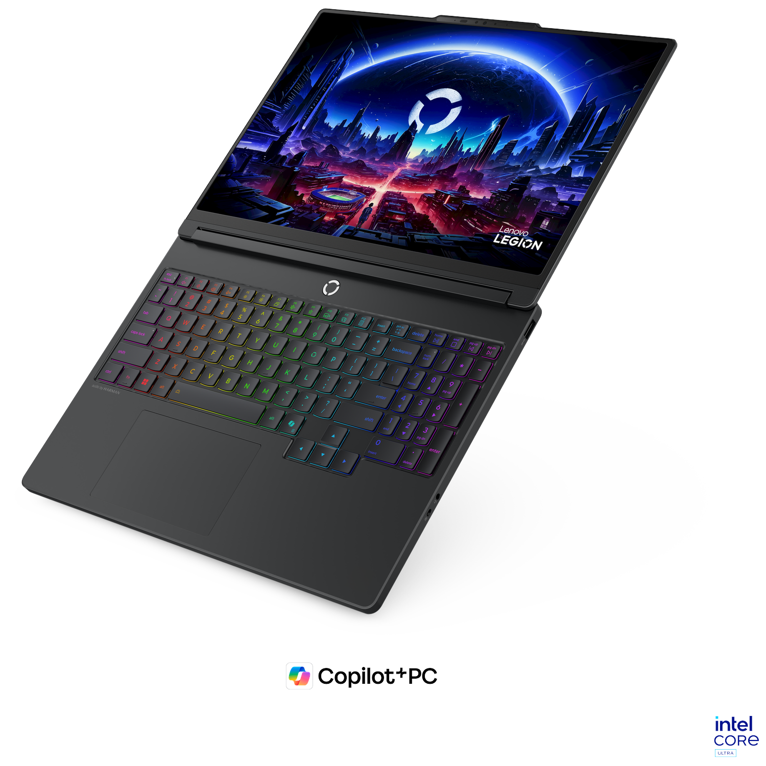 A black Lenovo Legion laptop with a futuristic cityscape on screen.