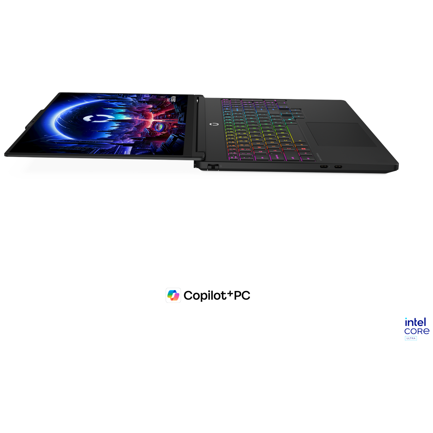 Black laptop with a colorful keyboard and a sci-fi wallpaper on screen.