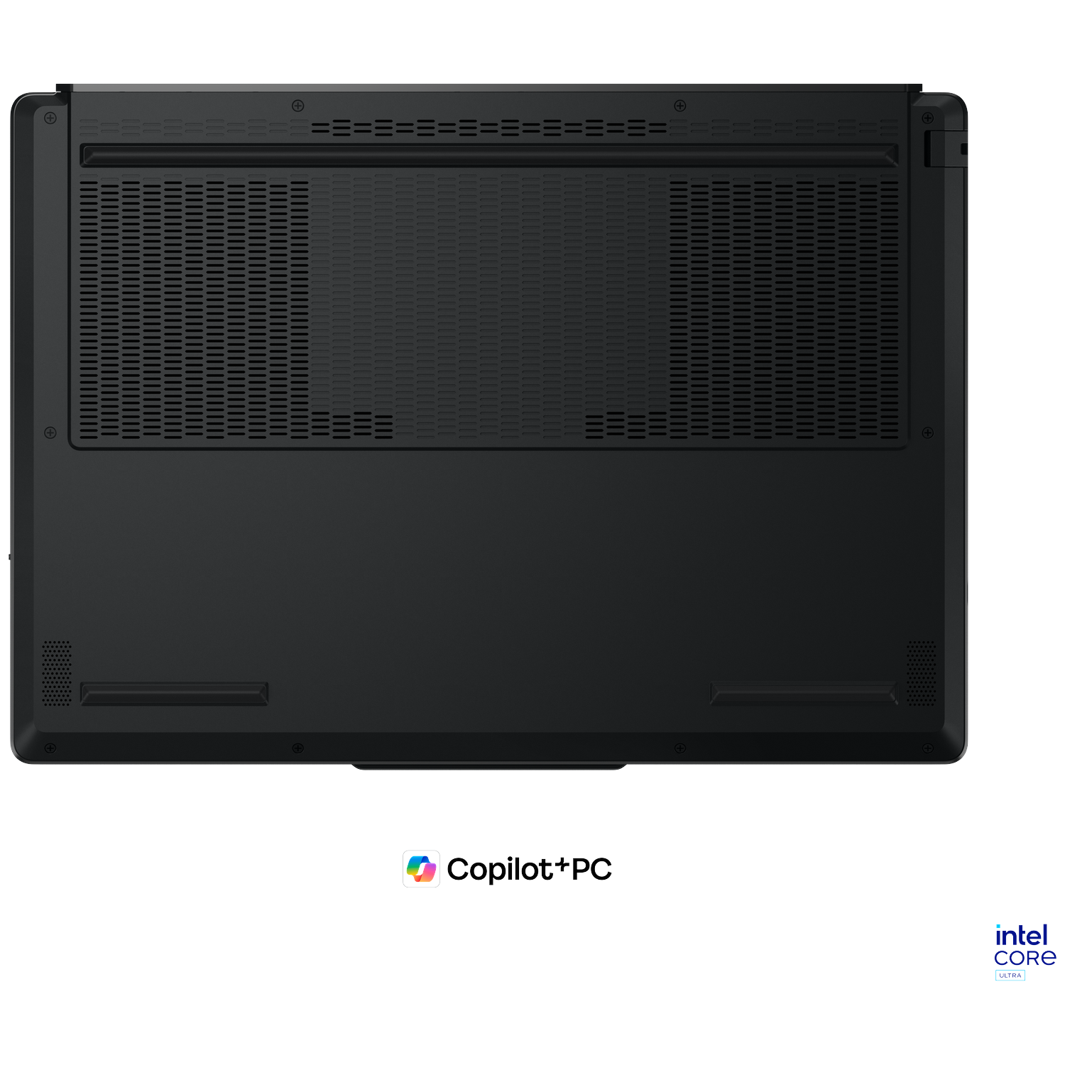 Underside of a black laptop featuring ventilation grilles and Intel Core Ultra logo.