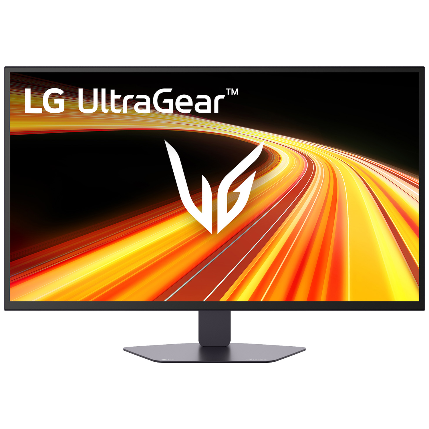 An LG UltraGear monitor featuring a dynamic yellow and red background with a white logo.