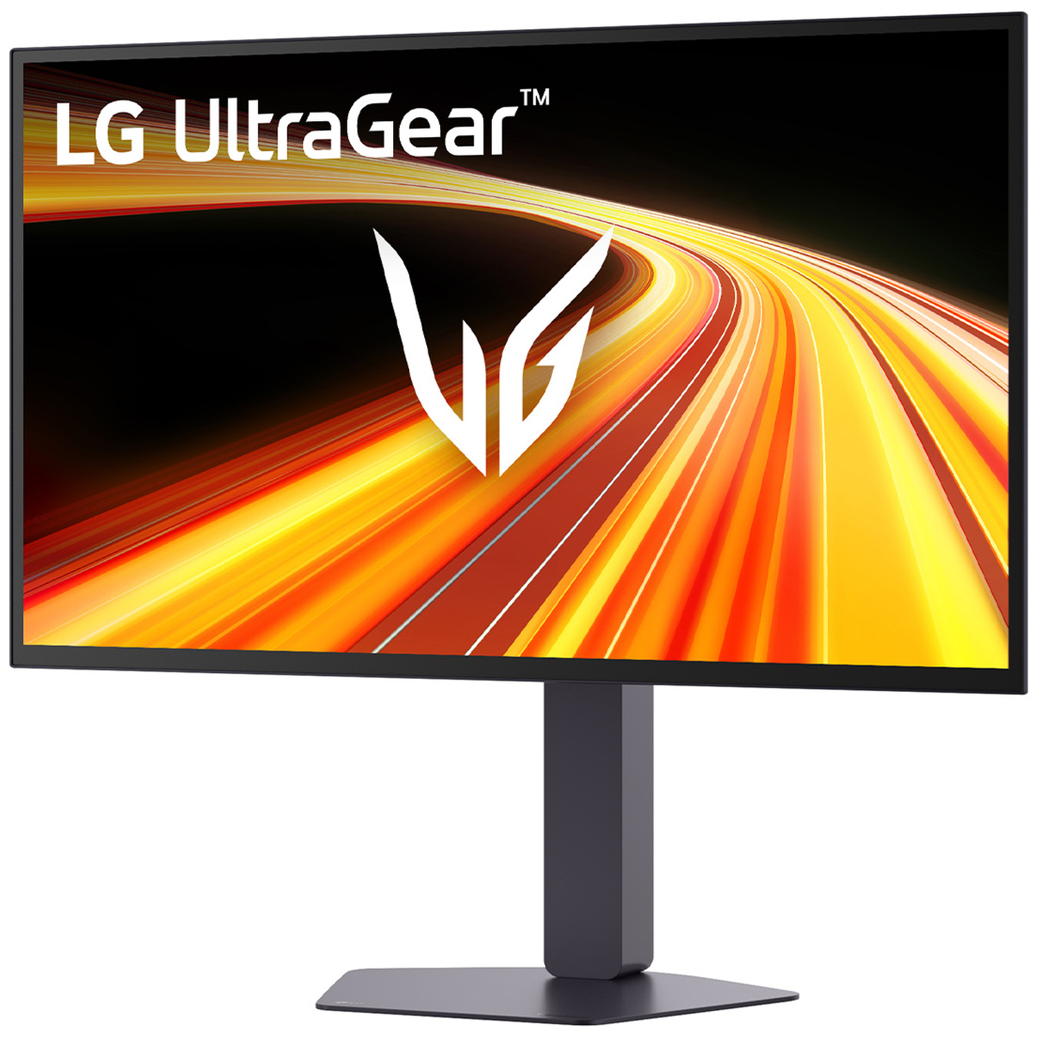 An LG UltraGear monitor with a white logo and a colorful background.