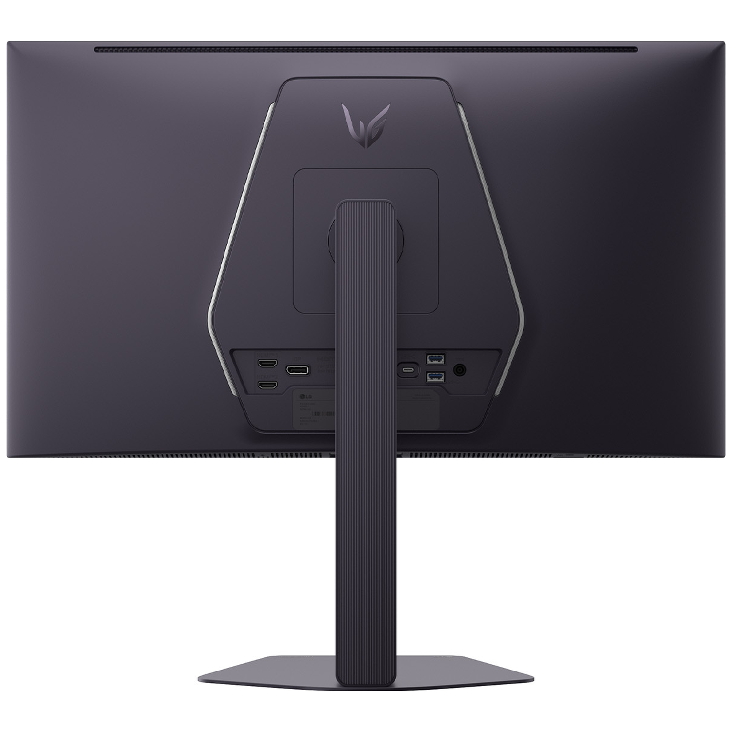 Back of a dark monitor with silver accents and ports.