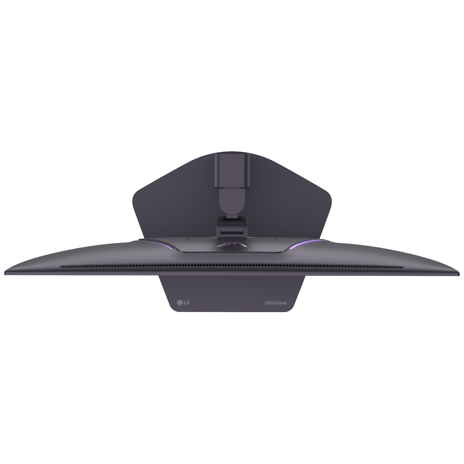 Top view of a gray LG UltraGear monitor with purple accents.