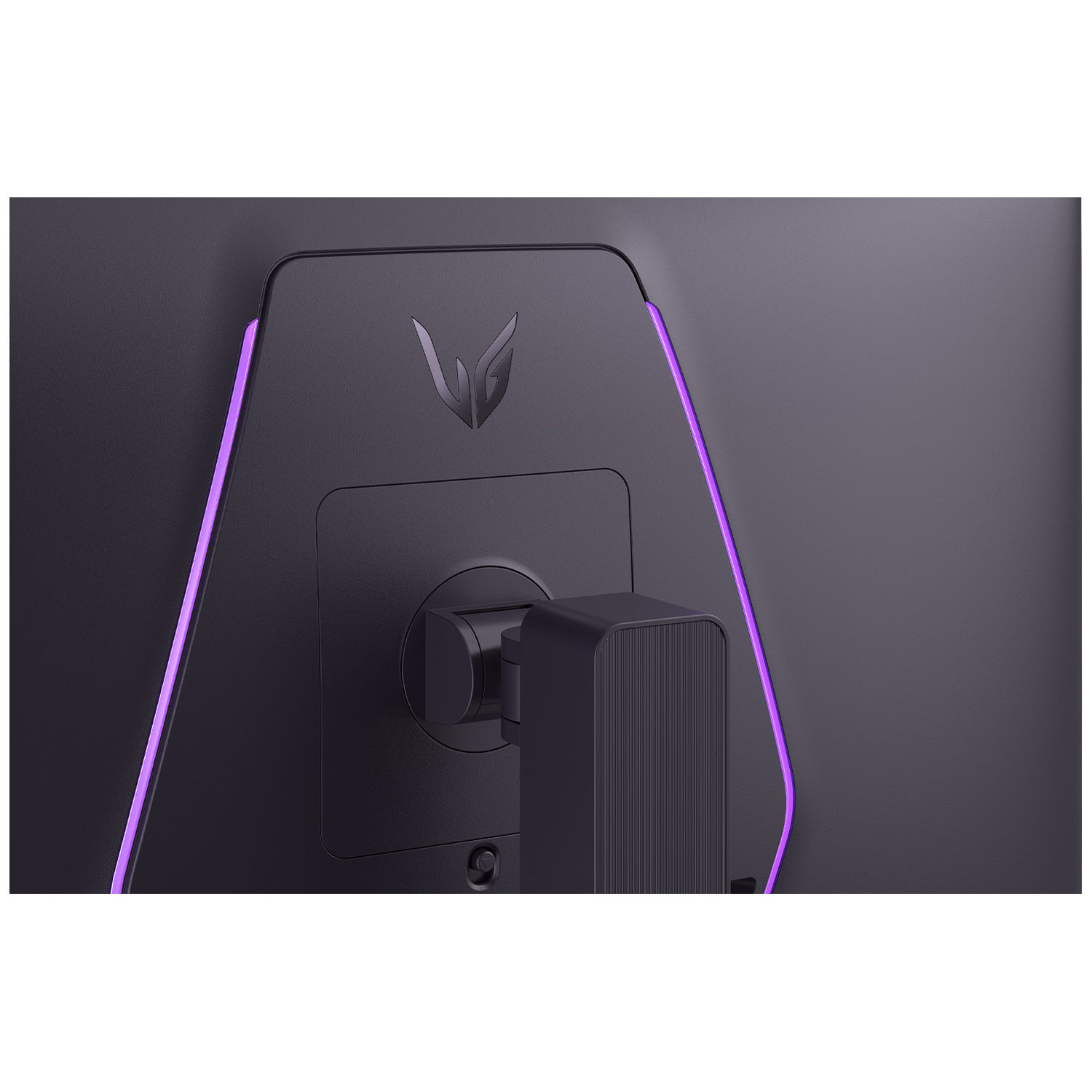 Back of a black monitor featuring an LG logo and purple lighting accents.