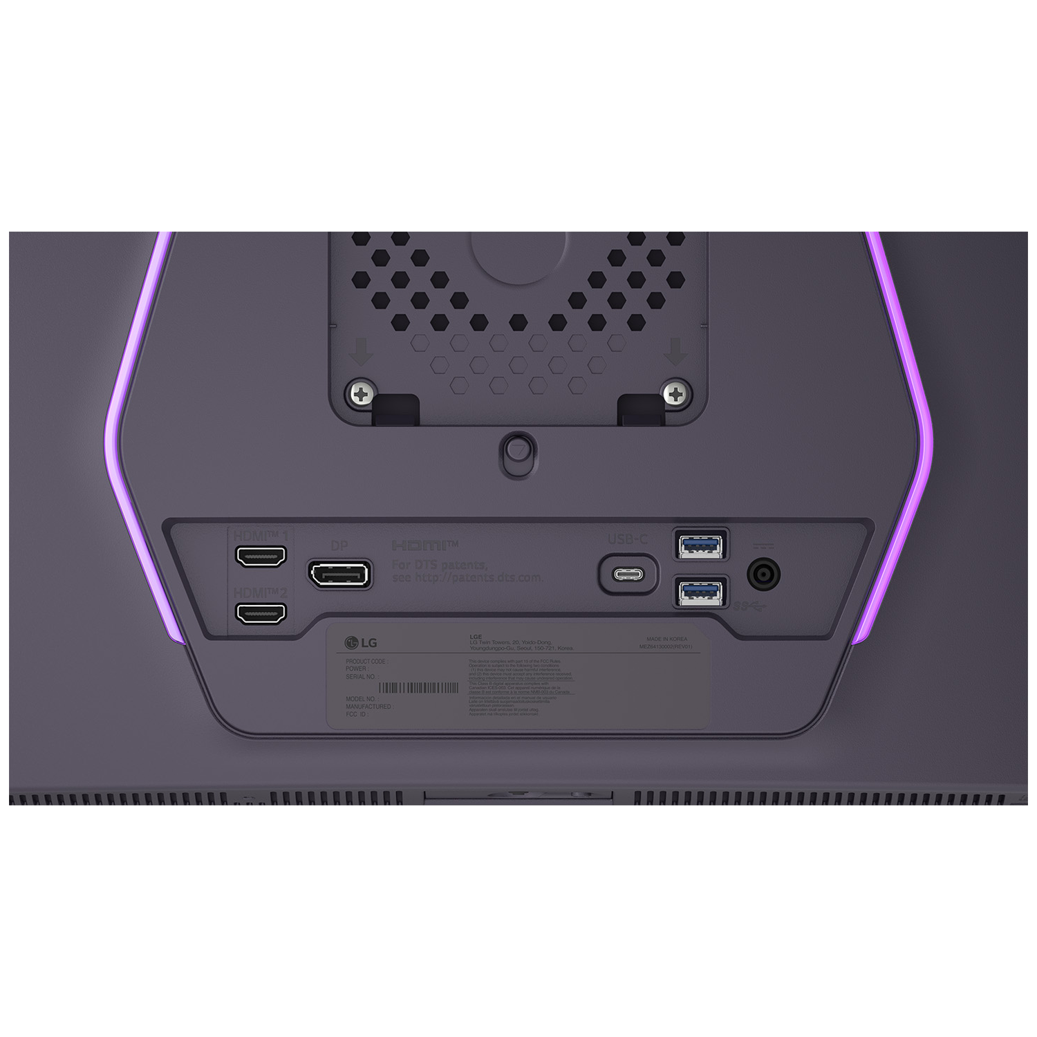 Back of a monitor with ports: 2x HDMI, DP, USB-C, audio. Purple accent lighting.