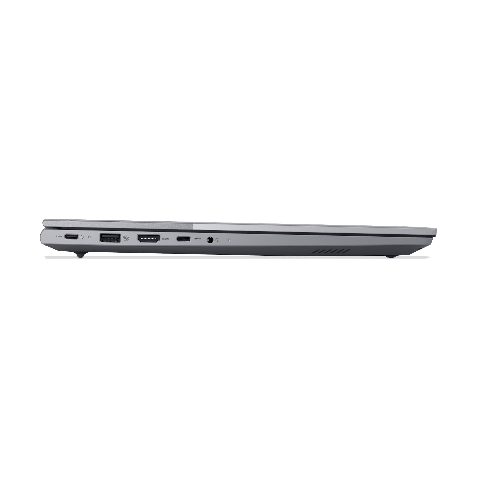 Vista lateral gris de portátil con puertos: USB-C, HDMI, conector auriculares.