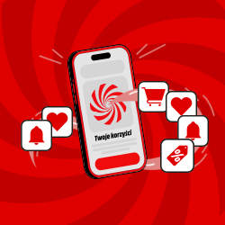 Smartfon z wzorem wiru na ekranie, otoczony ikonami serca, koszyka i dzwonka.