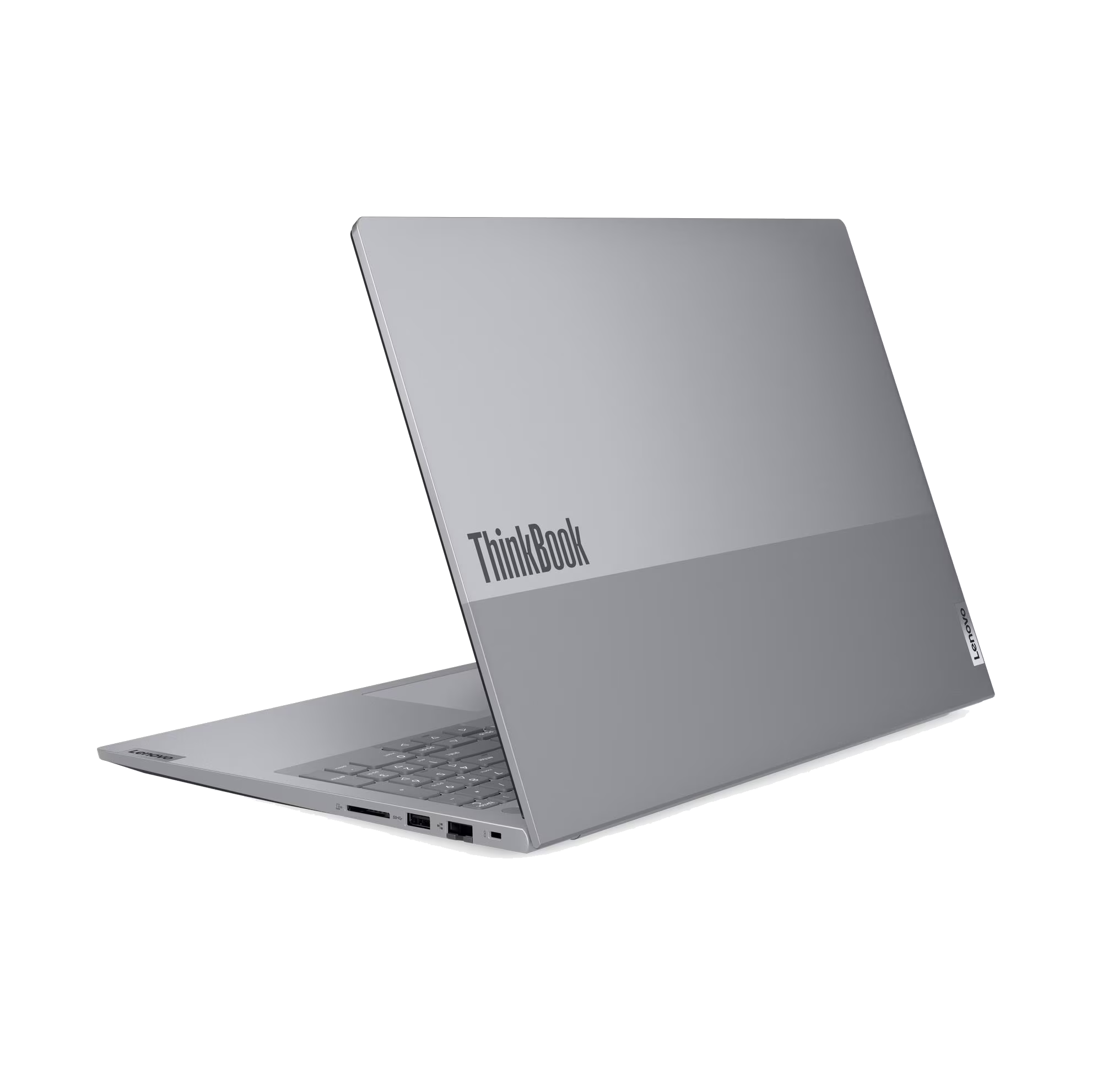 Un portátil plateado Lenovo ThinkBook está abierto sobre fondo negro.