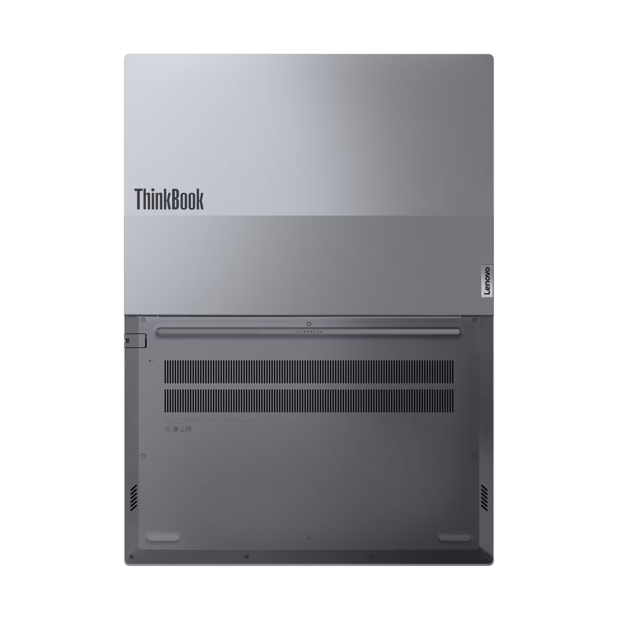Un portátil Lenovo ThinkBook gris cerrado que muestra rejillas de ventilación abajo.
