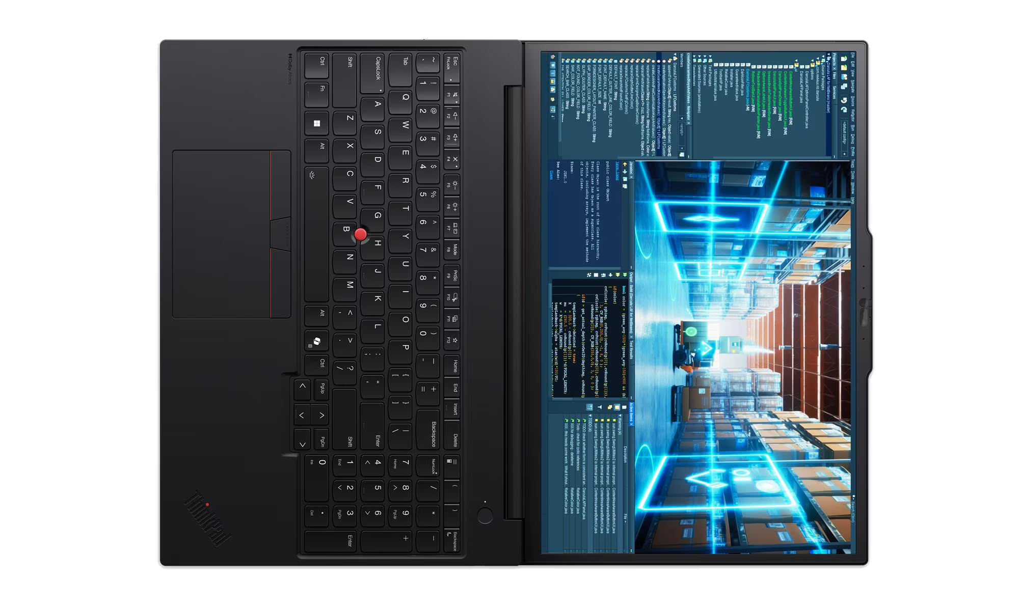 Un portátil negro con teclado y pantalla iluminada que muestra código y gráficos de almacén.