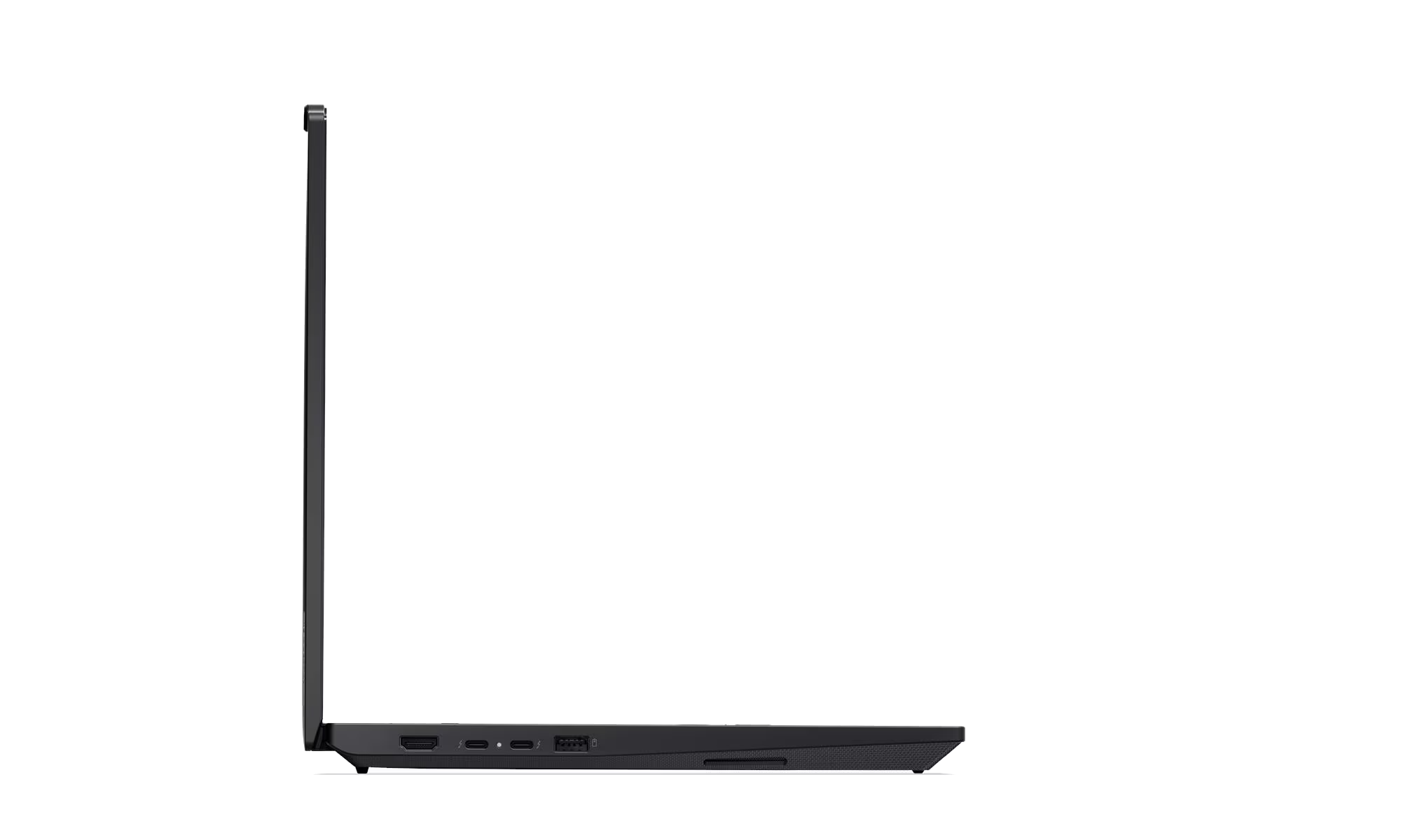 Vista lateral de un portátil negro con puertos HDMI y USB visibles.