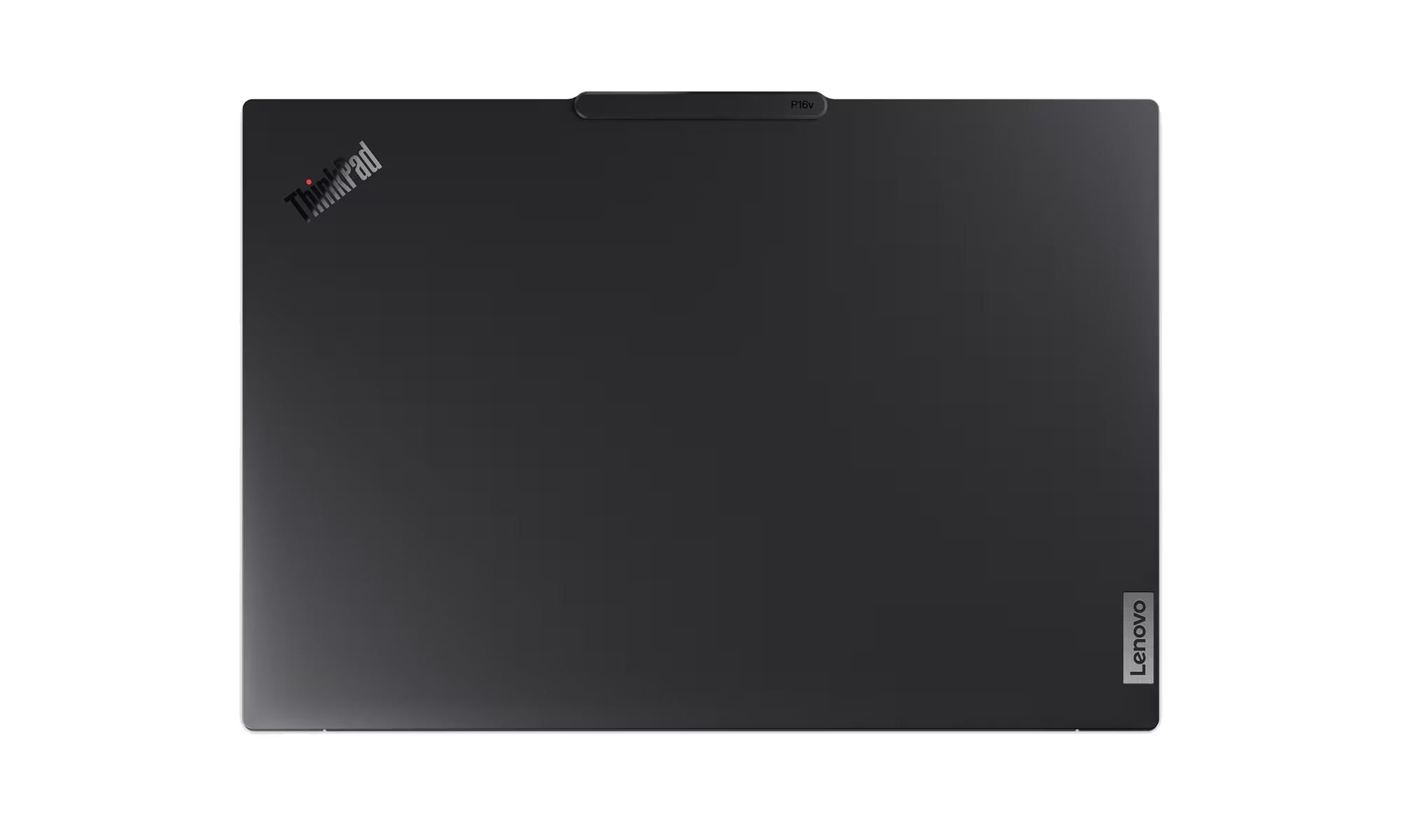 Un portátil Lenovo Thinkpad oscuro cerrado con el logo arriba a la izquierda.