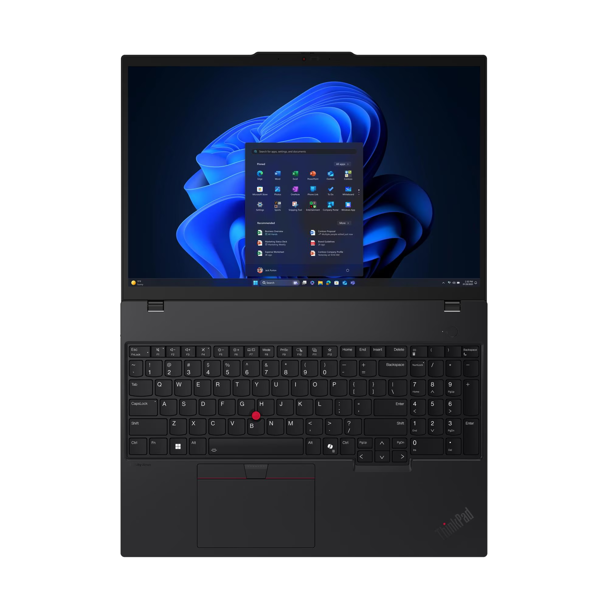 Un portátil negro abierto mostrando el menú Inicio de Windows 11 y el teclado.