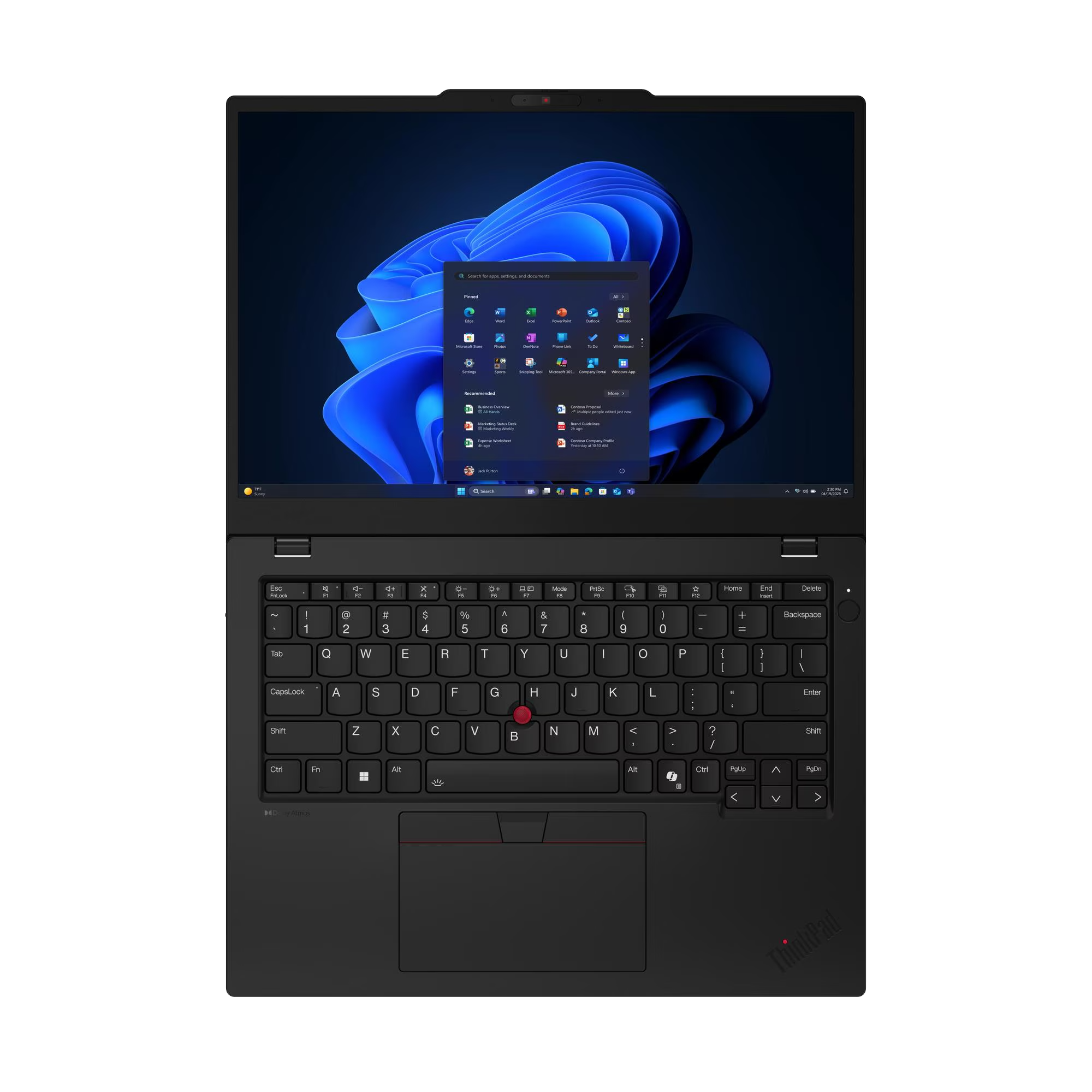 Un portátil negro con pantalla iluminada mostrando Windows 11 y teclado.