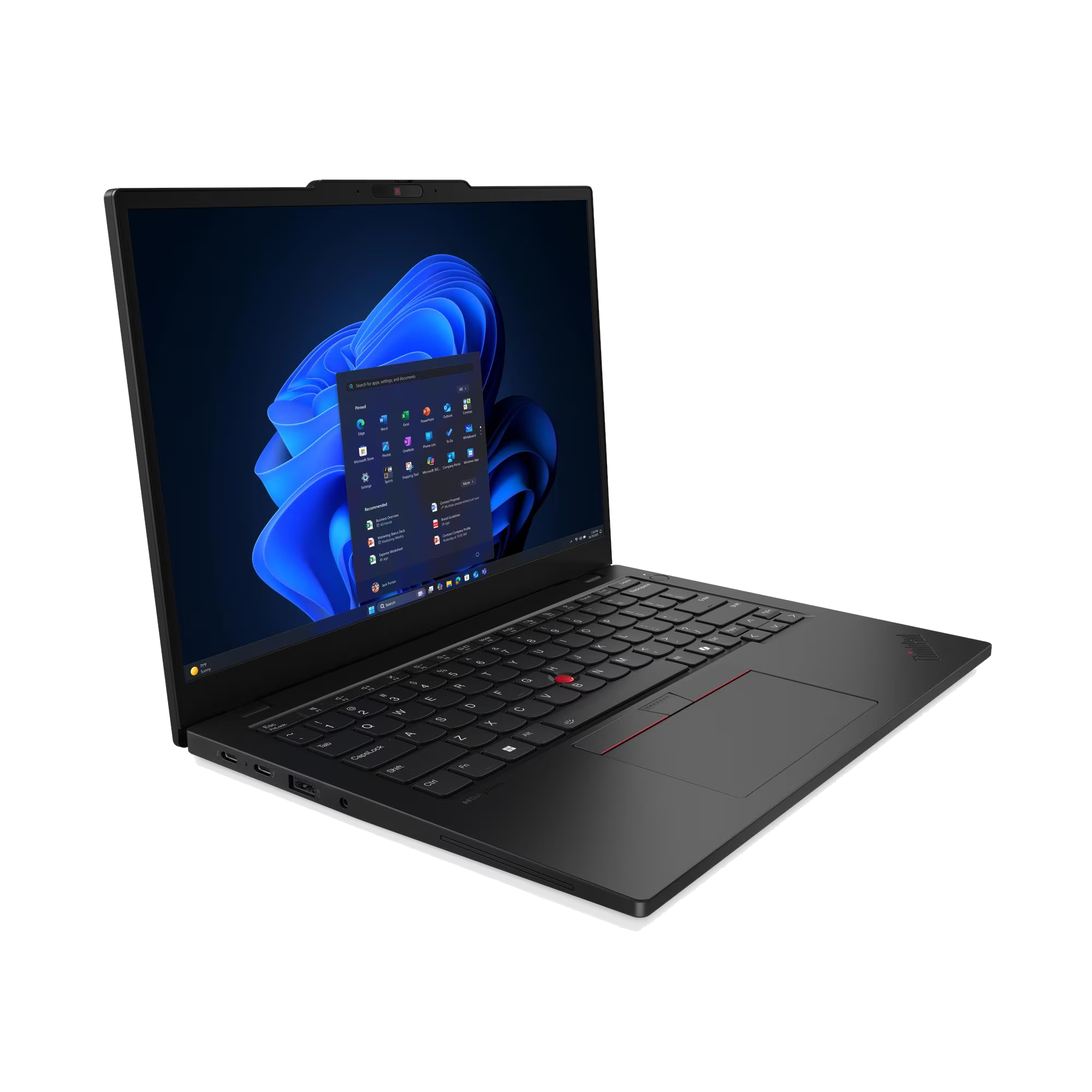 Portátil negro con pantalla iluminada mostrando un gráfico de fondo azul.