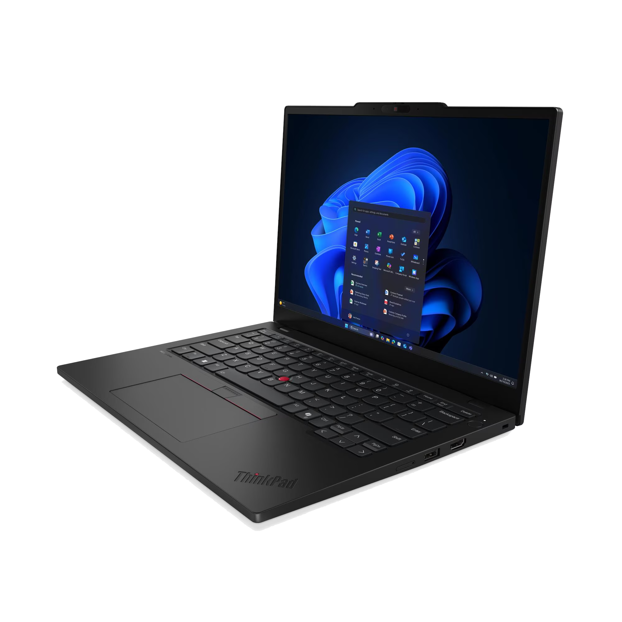 Un portátil negro con logo ThinkPad iluminado y fondo azul de Windows.