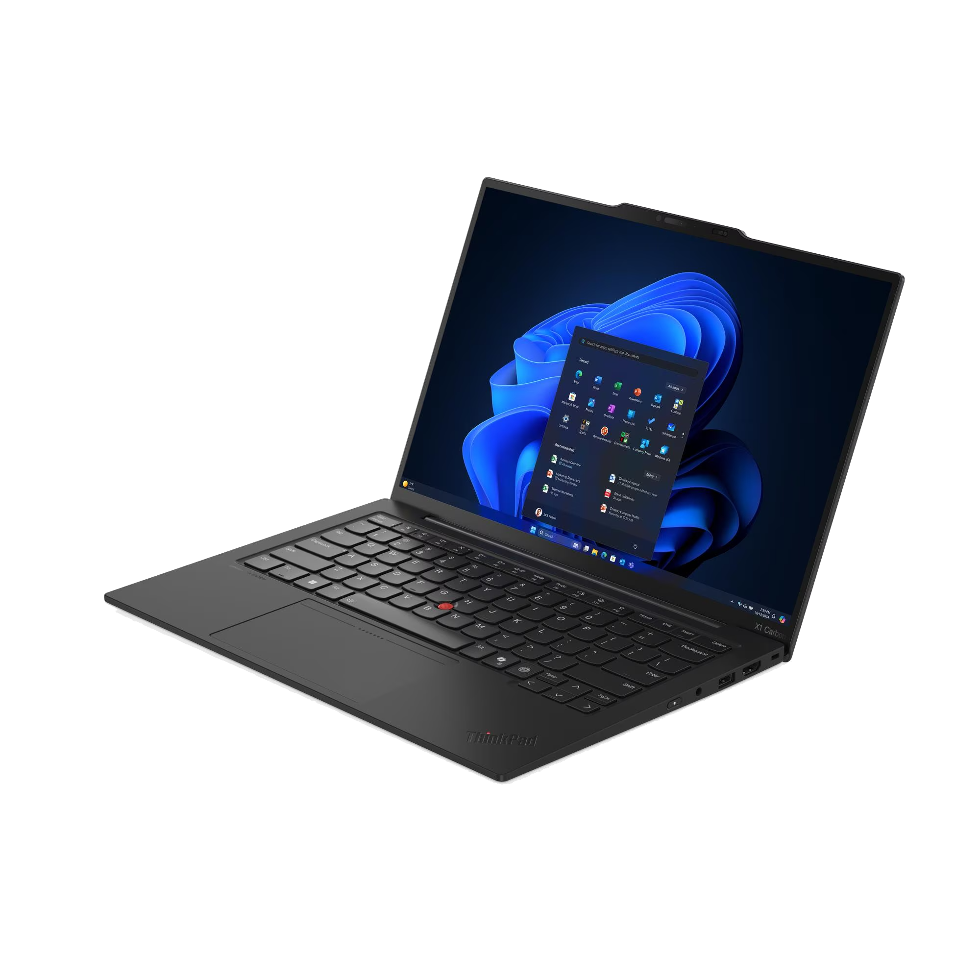 Un portátil negro con pantalla iluminada mostrando Windows 11.