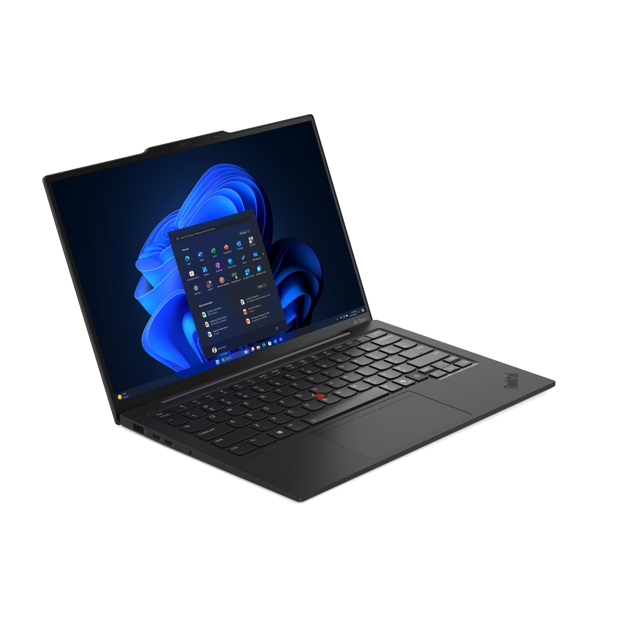 Un portátil negro mostrando Windows 11 con el menú Inicio abierto sobre fondo oscuro.
