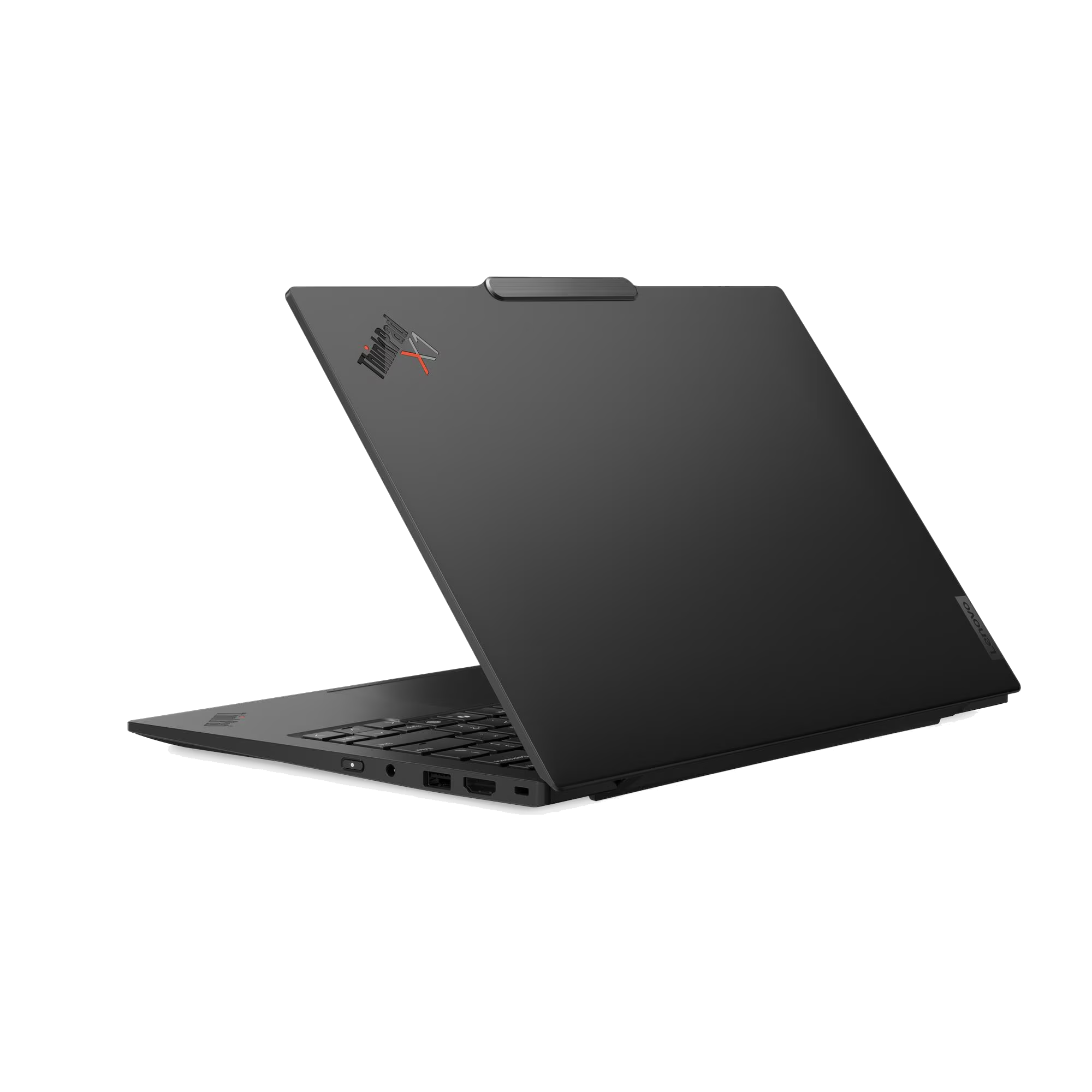 Portátil negro con logo ThinkPad, parcialmente abierto mostrando teclado y puertos.