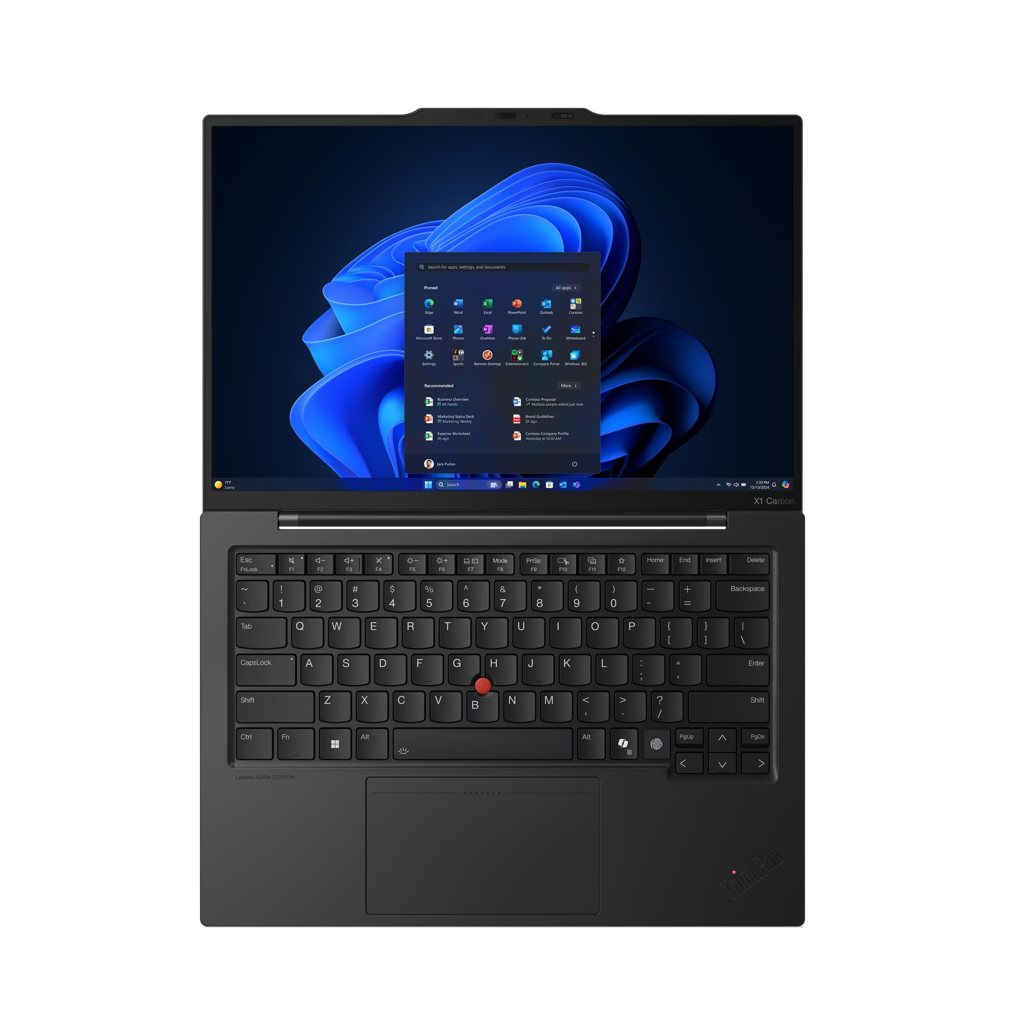 Un portátil abierto que muestra el menú de inicio de Windows 11 y su teclado.