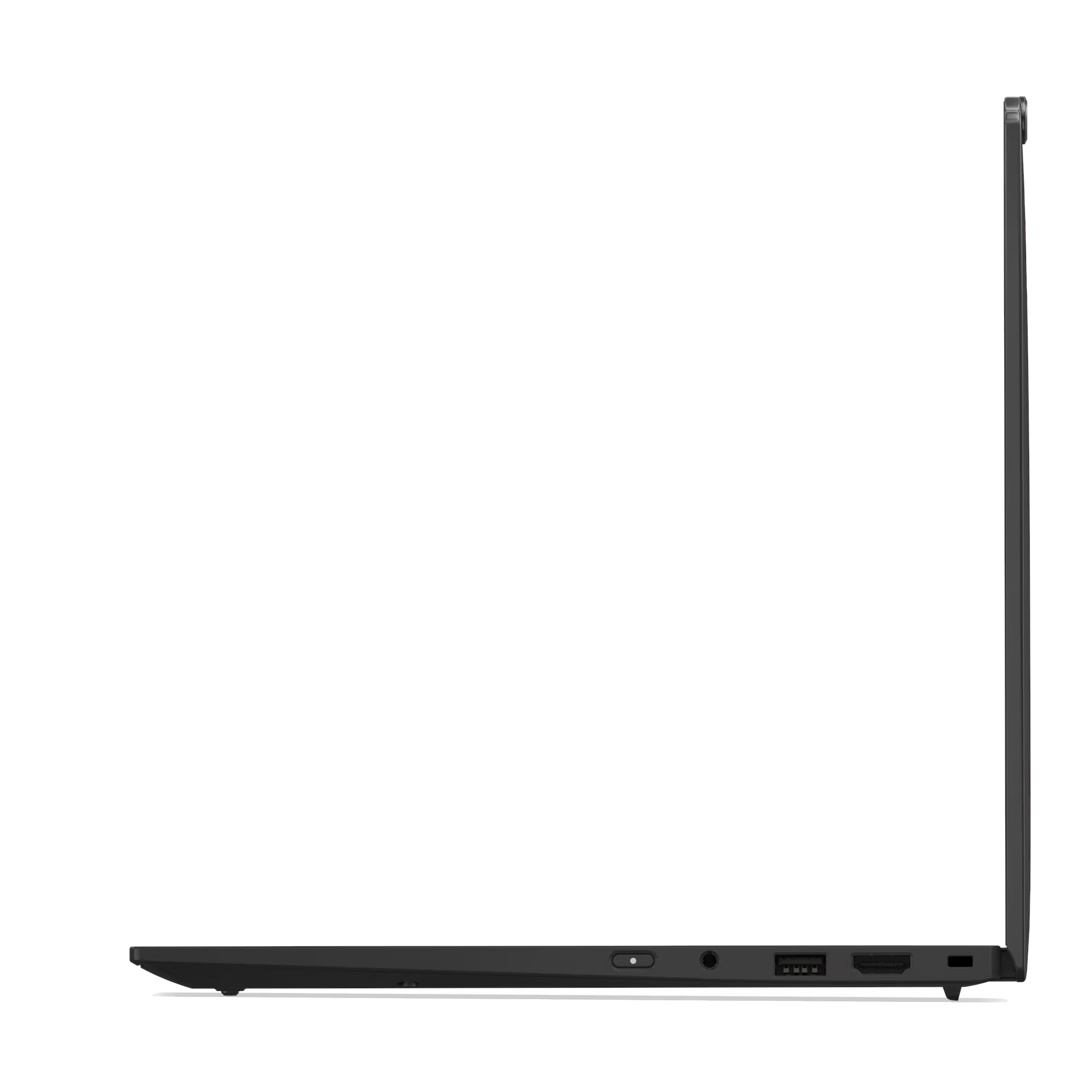 Vista lateral de un portátil negro con puertos: conector de auriculares, USB y HDMI.