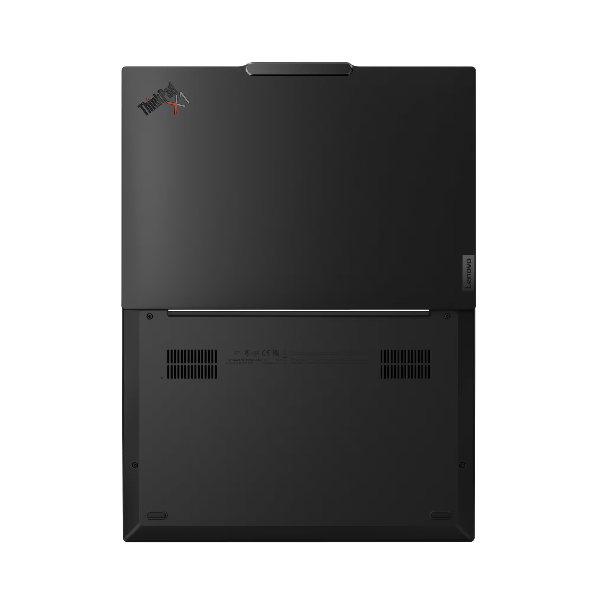 El Lenovo ThinkPad X1 Carbon Gen 13 negro se muestra desde abajo con rejillas de ventilación.