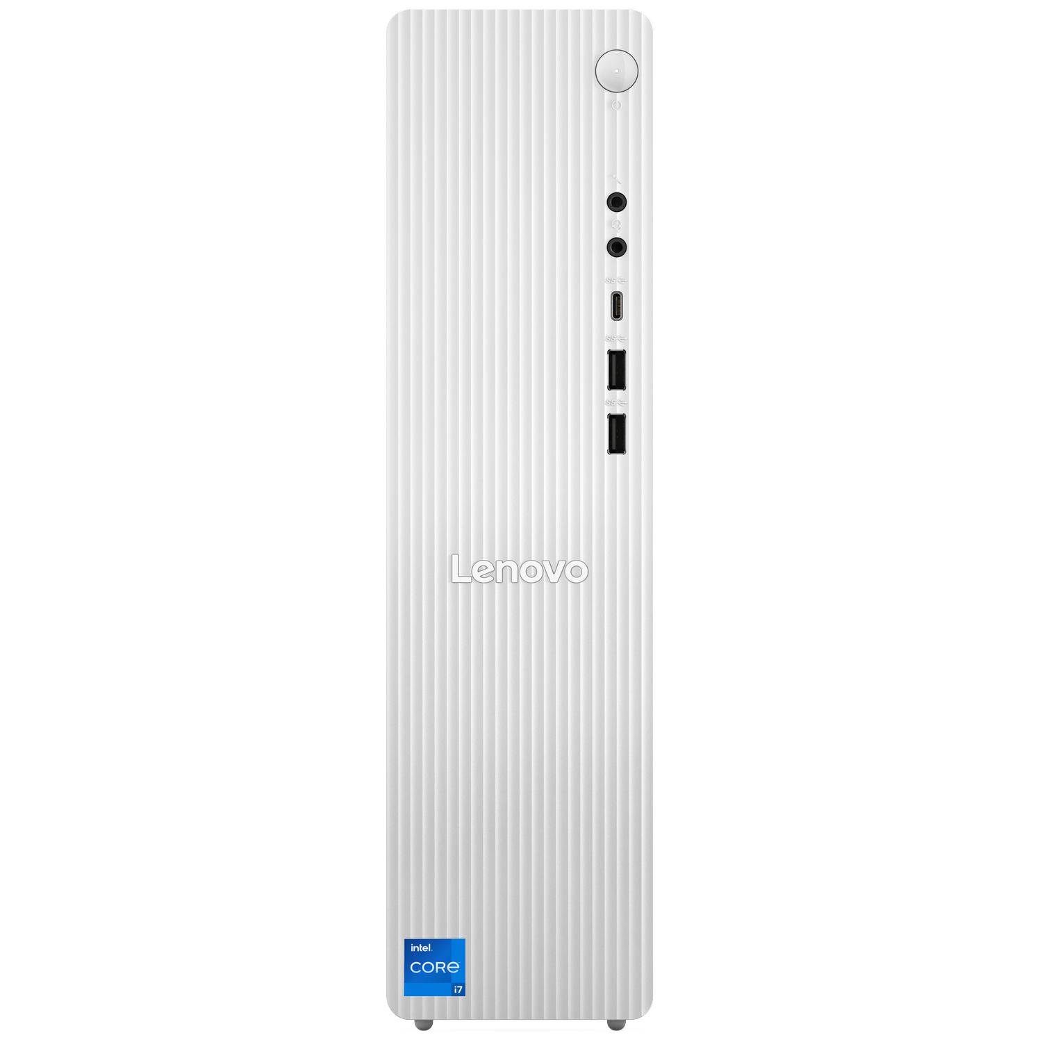 Un PC Lenovo blanc à rainures verticales et ports sur le côté.
