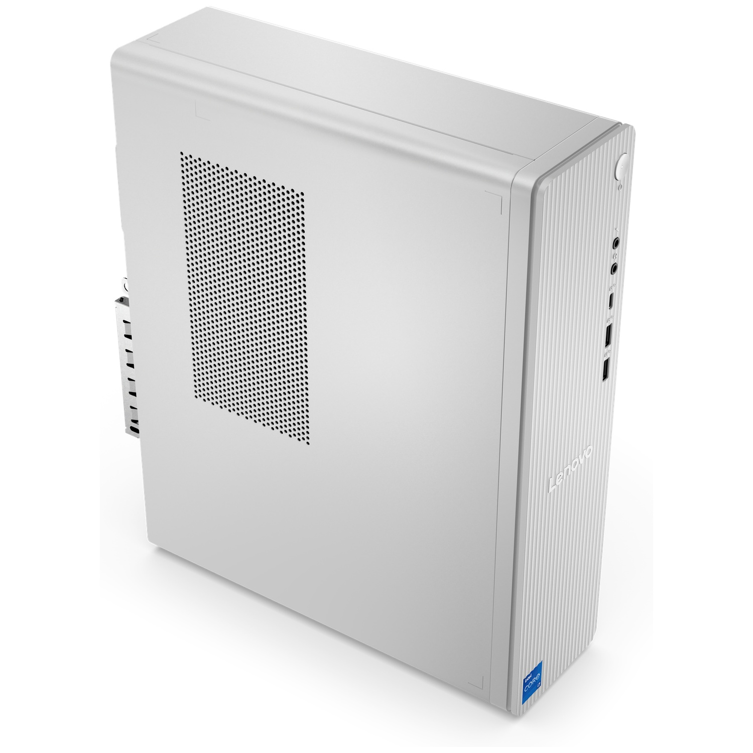 Une tour PC Lenovo blanche avec grille de ventilation et ports en façade.