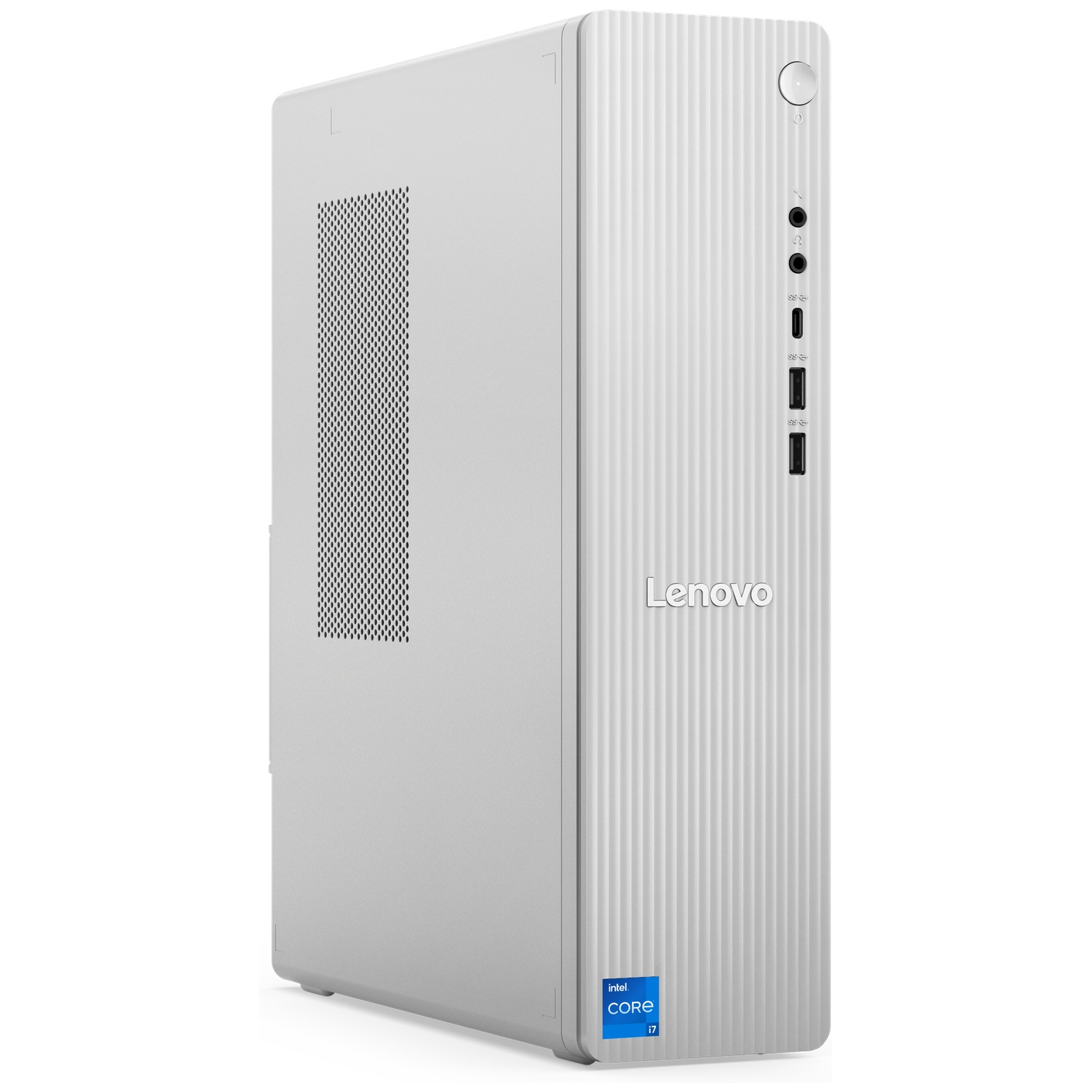 Un PC Lenovo blanc et fin avec autocollant Intel Core i7 et ports.