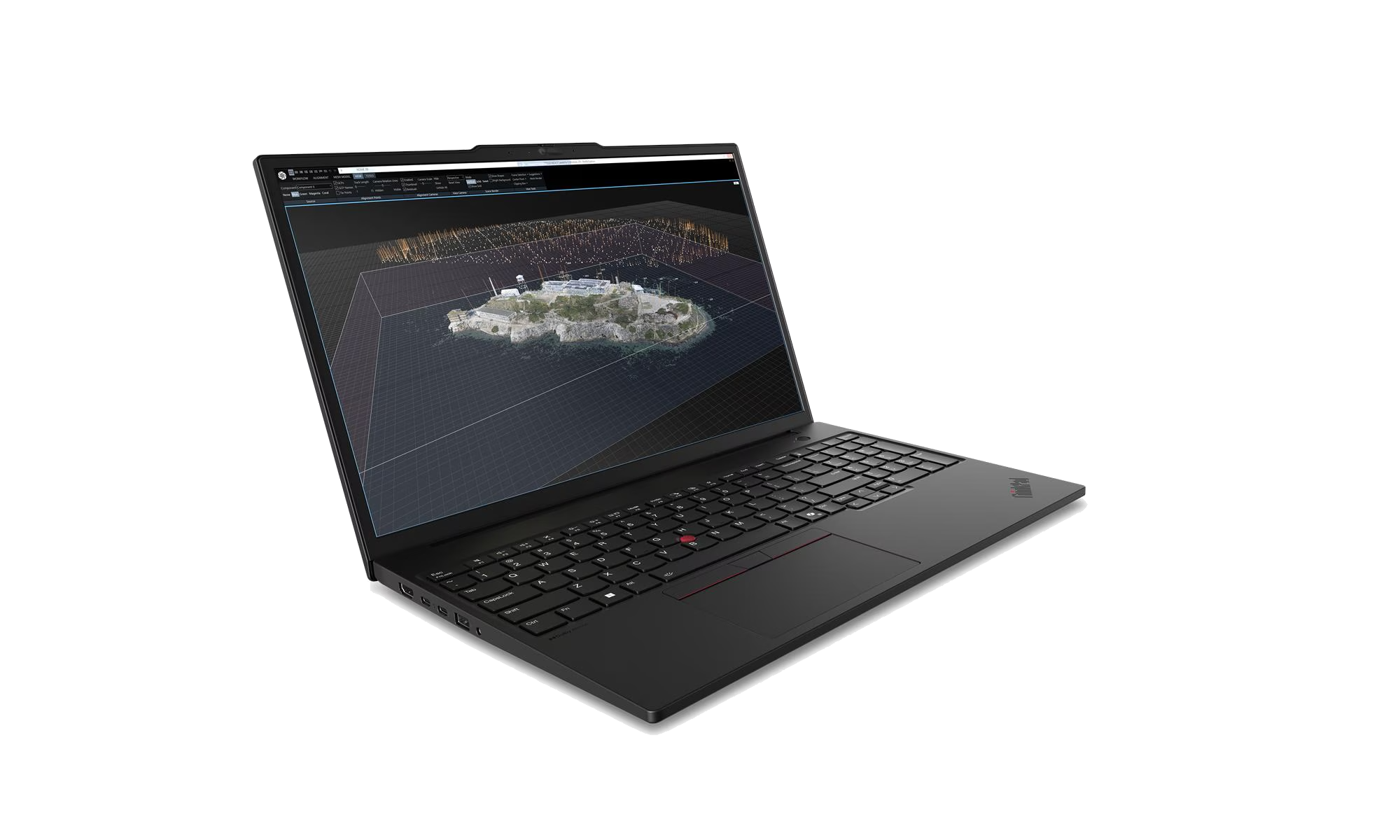 Portátil negro muestra una vista 3D de isla en pantalla.