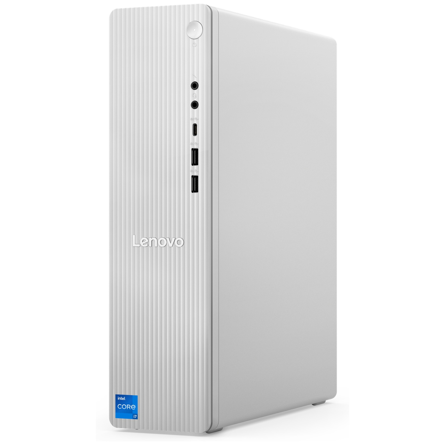 Une tour PC Lenovo blanche avec rainures verticales et ports en façade.
