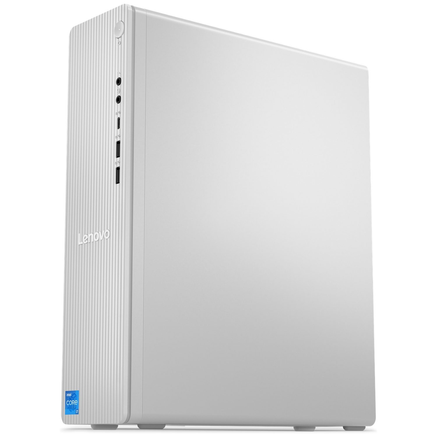 Un PC tour Lenovo blanc avec autocollant Intel Core i7 et ports.