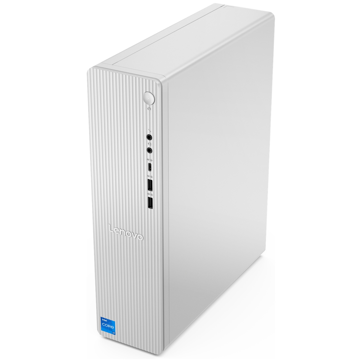 Un PC de bureau Lenovo blanc avec des rainures verticales et des ports.