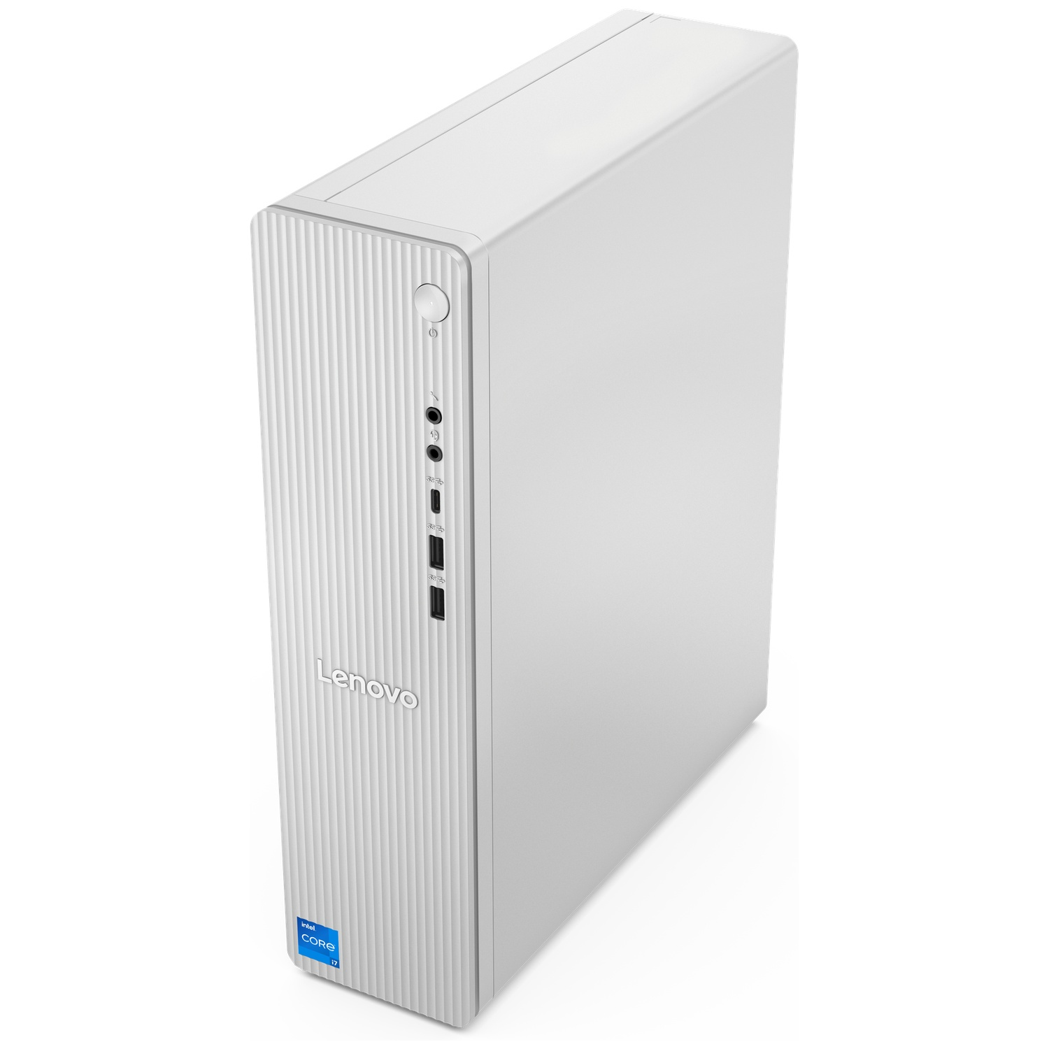 Un ordinateur de bureau Lenovo blanc à rainures verticales avec un autocollant Intel Core i7.