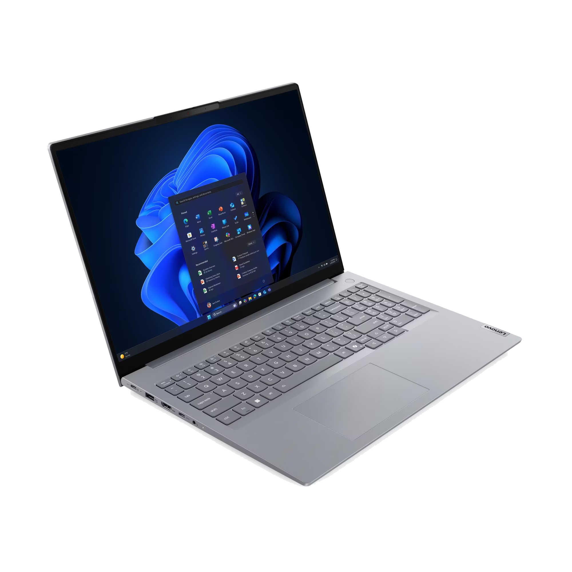 Un portátil gris Lenovo con teclado retroiluminado, sobre fondo oscuro.