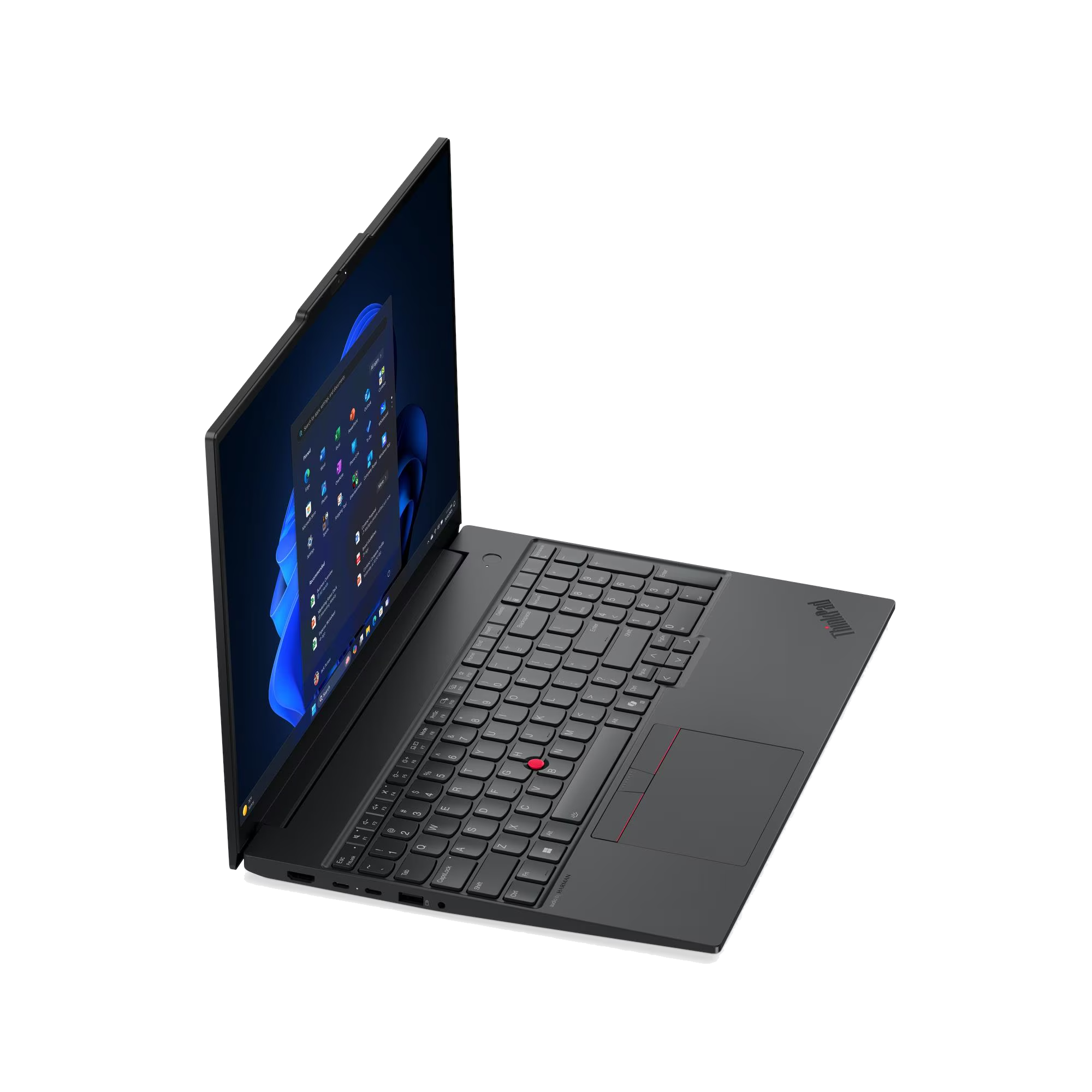 Portátil negro con teclado retroiluminado mostrando interfaz de Windows 11.